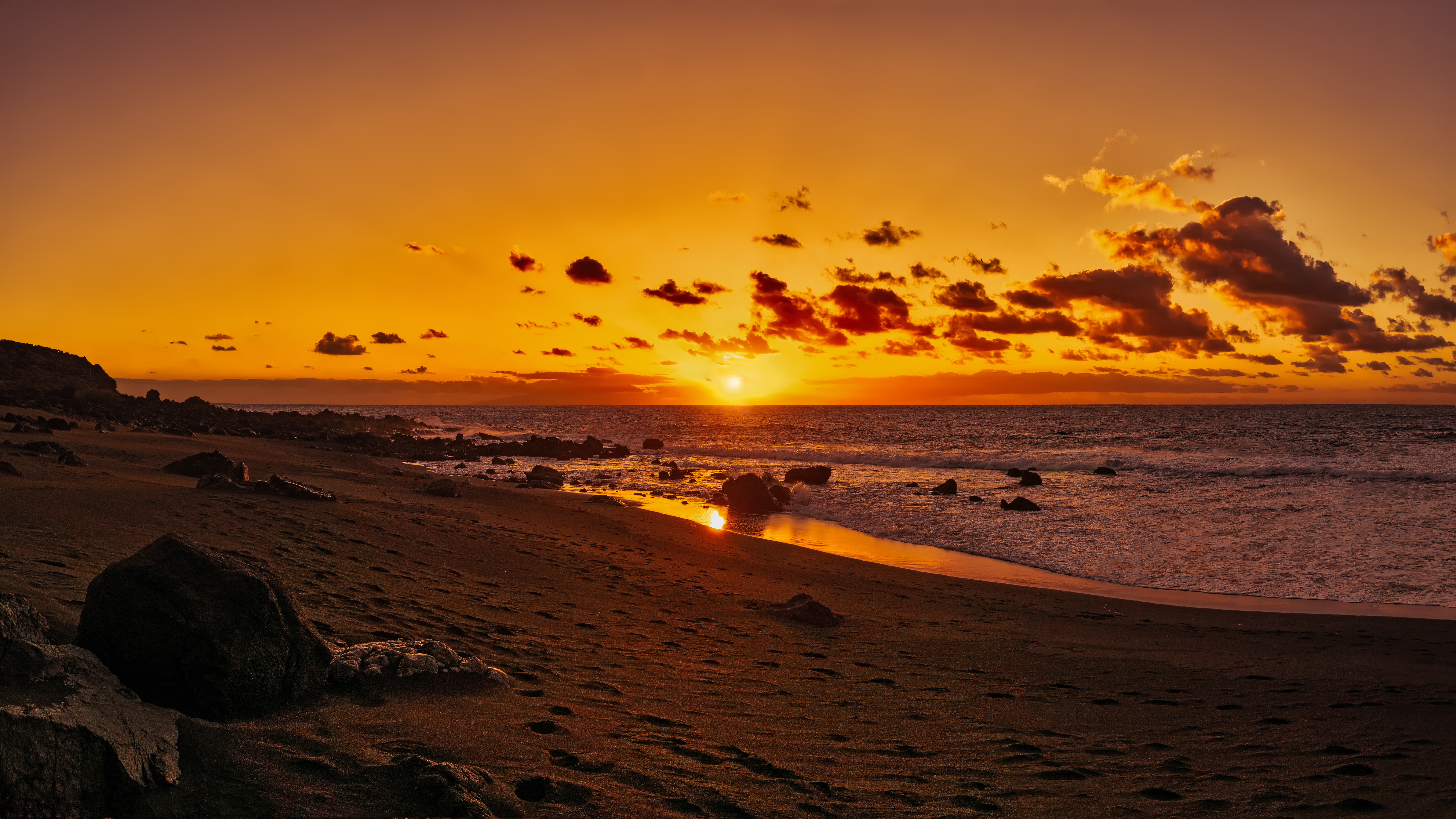 shore, ocean, valle gran rey, spain, canary islands, stones, 8K, sunset, sand, HD Wallpaper