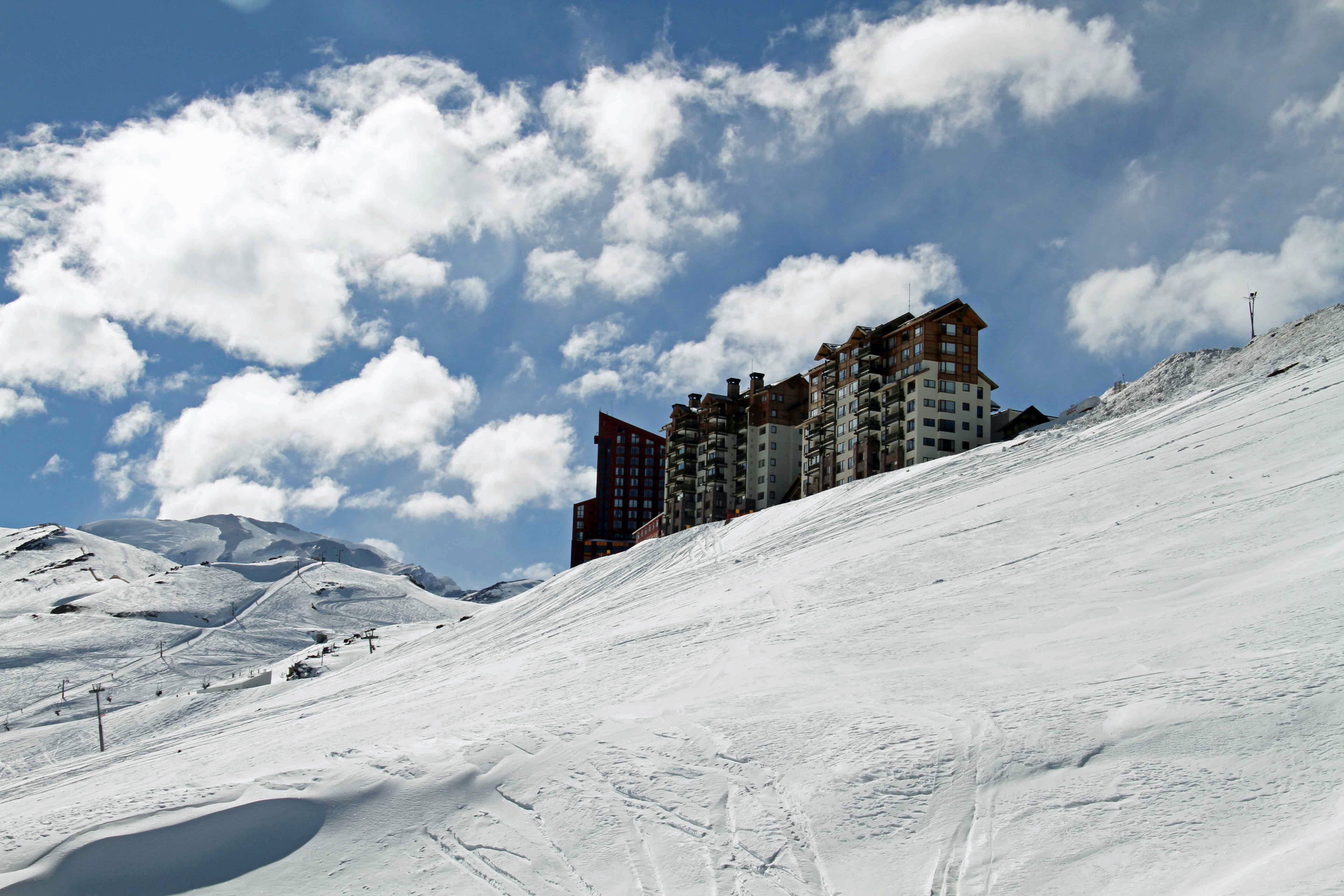 ski, cloud - sky, chile, sky, day, frozen, winter, sunlight, architecture, travel destinations, 5K, nature, landscape, snowcapped mountain, snow, cold temperature, HD Wallpaper