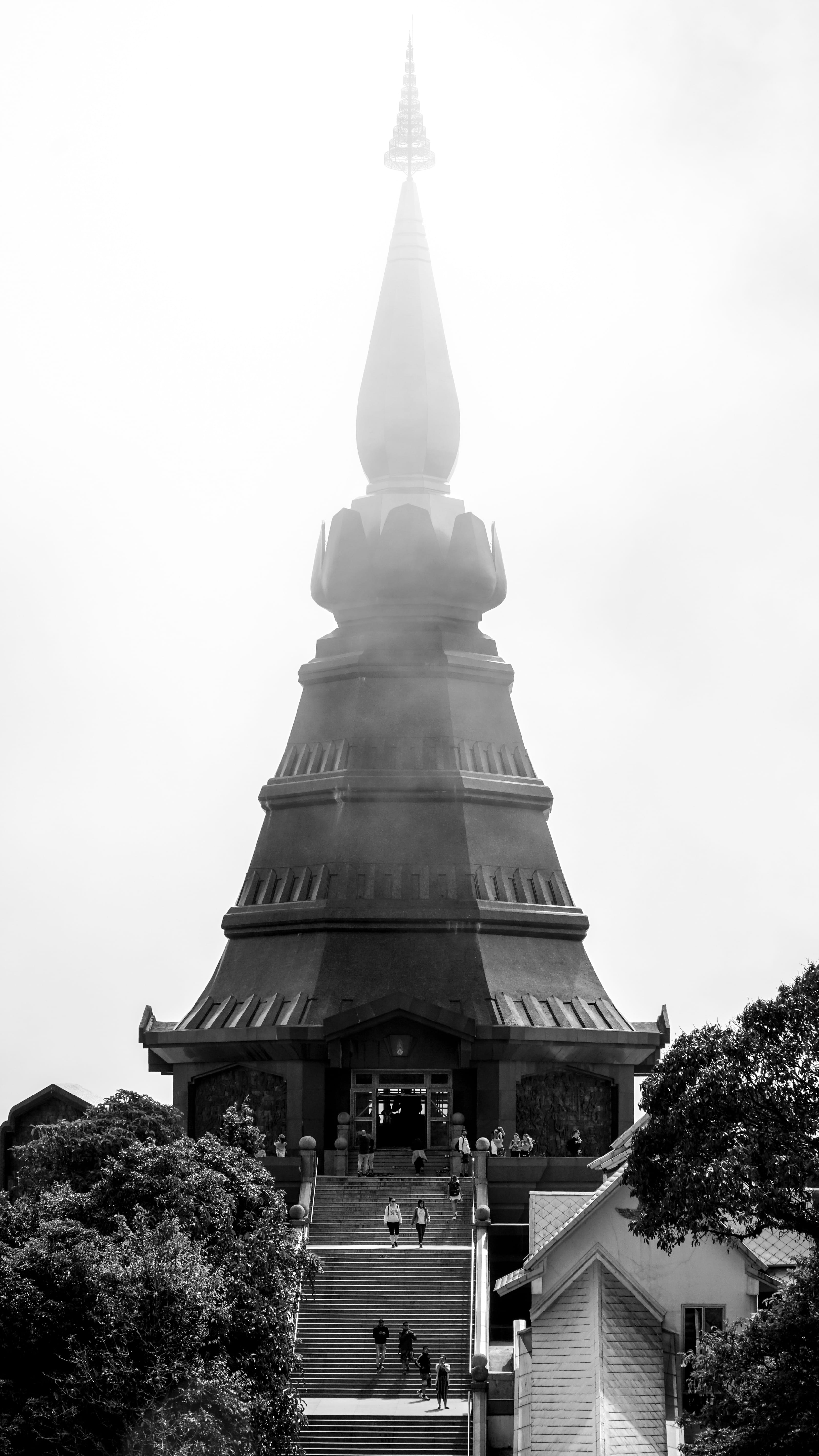 tower, doi inthanon, nature, person, temple, architecture, monument, building exterior, town, thailand, steeple, pagoda, clouds, belief, tree, place of worship, Phone HD Wallpaper
