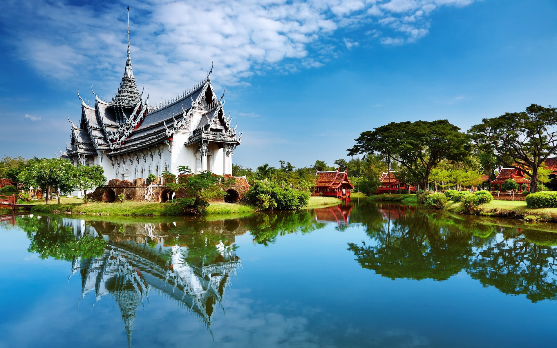 near, 1080P, body, water, building, painted, Beautiful, Pavilion, white, Garden, HD Wallpaper