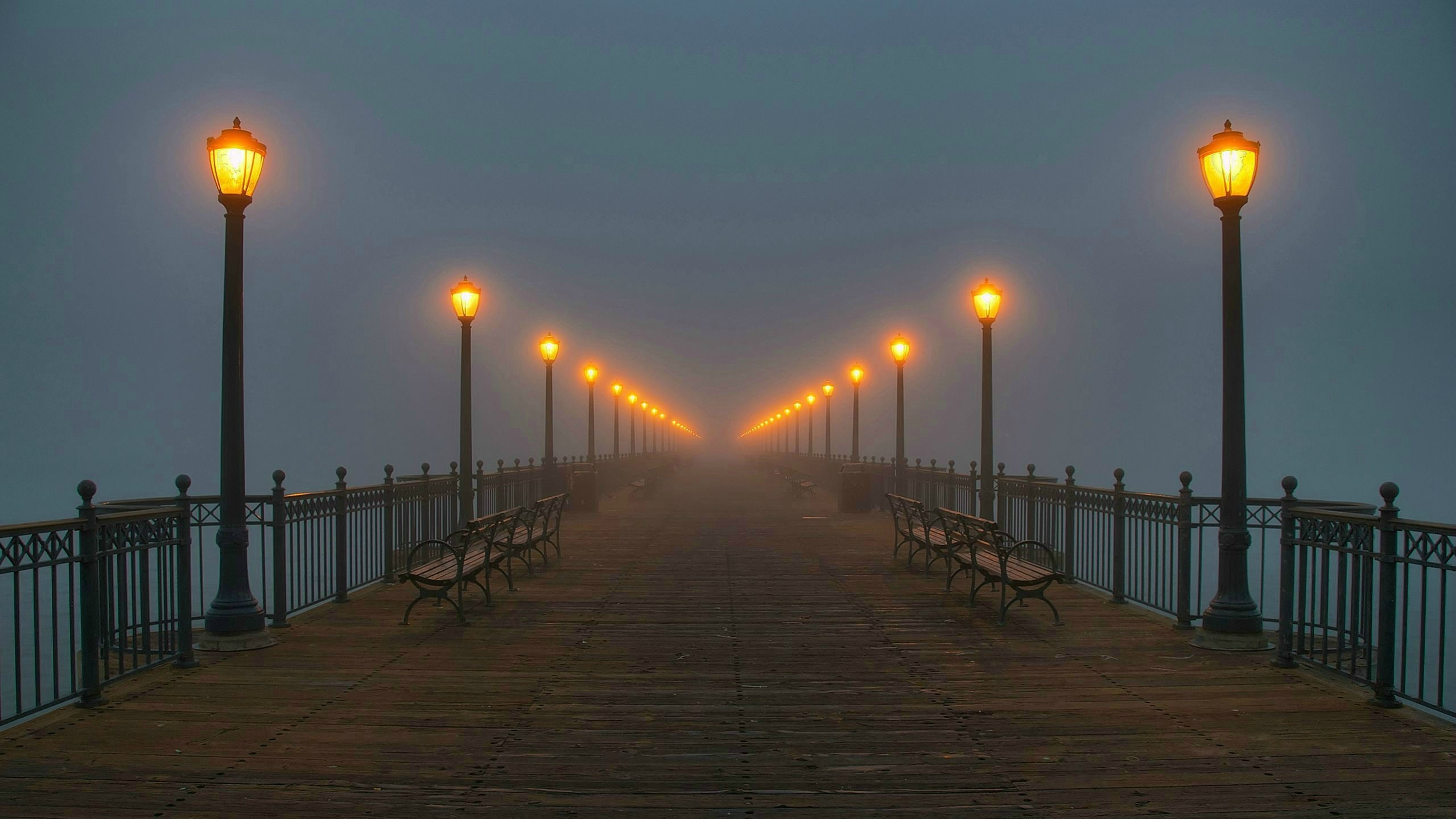 1080P, night, pier, street light, landscape, lights, HD Wallpaper