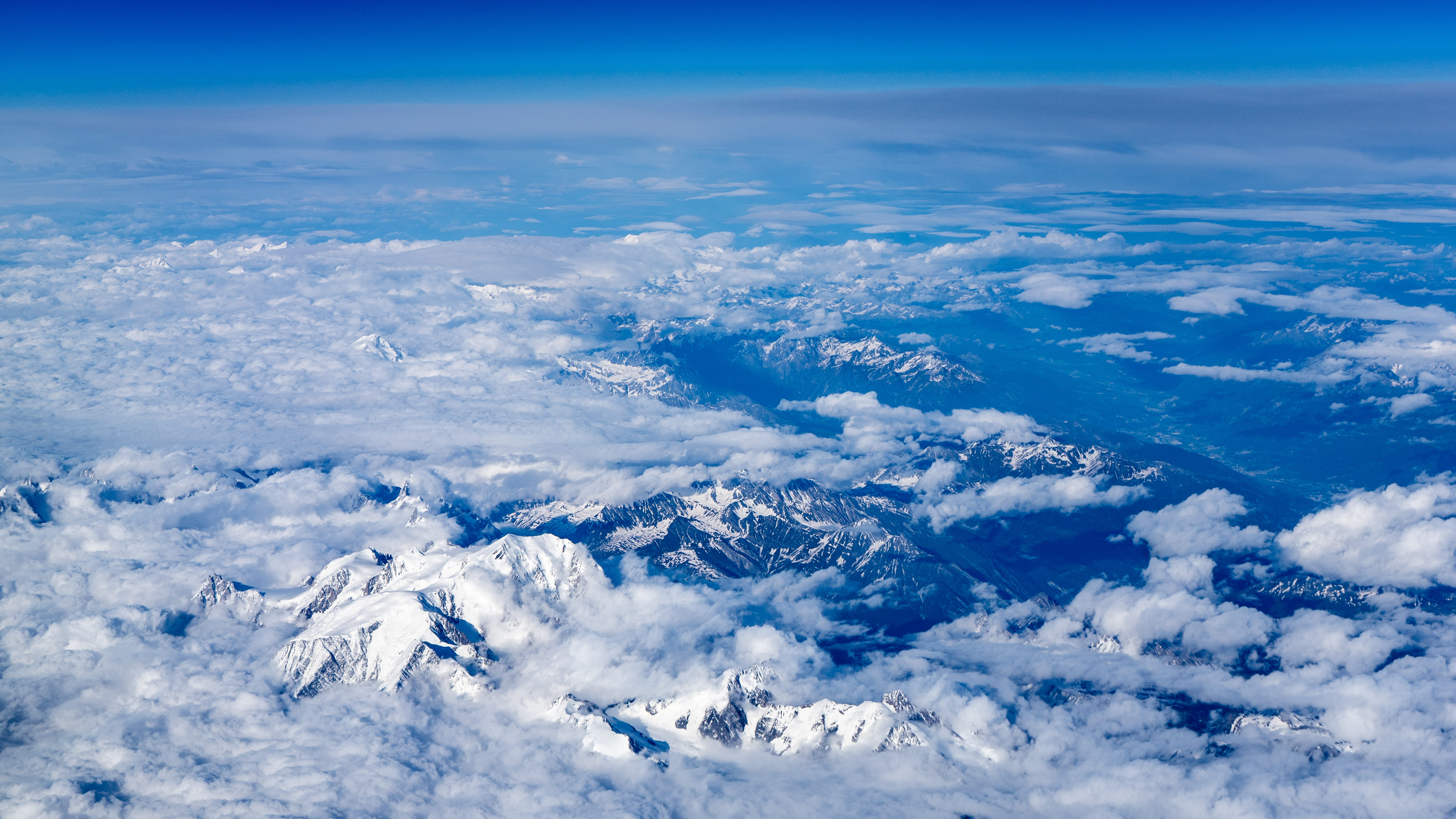 meteorology, view, cumulus, weather, outdoors, mountain range, tranquility, tranquil scene, covered, franse alps, aerial view, environment, water, daytime, HD Wallpaper