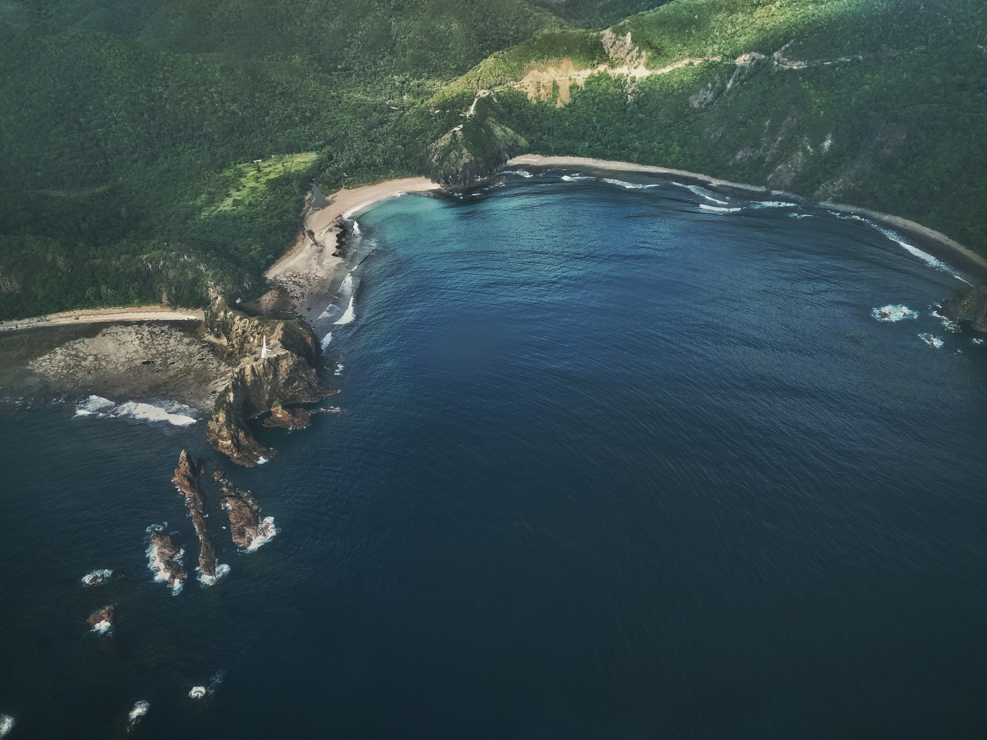 no people, cove, aerial view, photograph, tree, 4K, wilderness, birds eye view, wave, tranquil scene, blue, island, rock, plant, waterfront, water, coast, HD Wallpaper