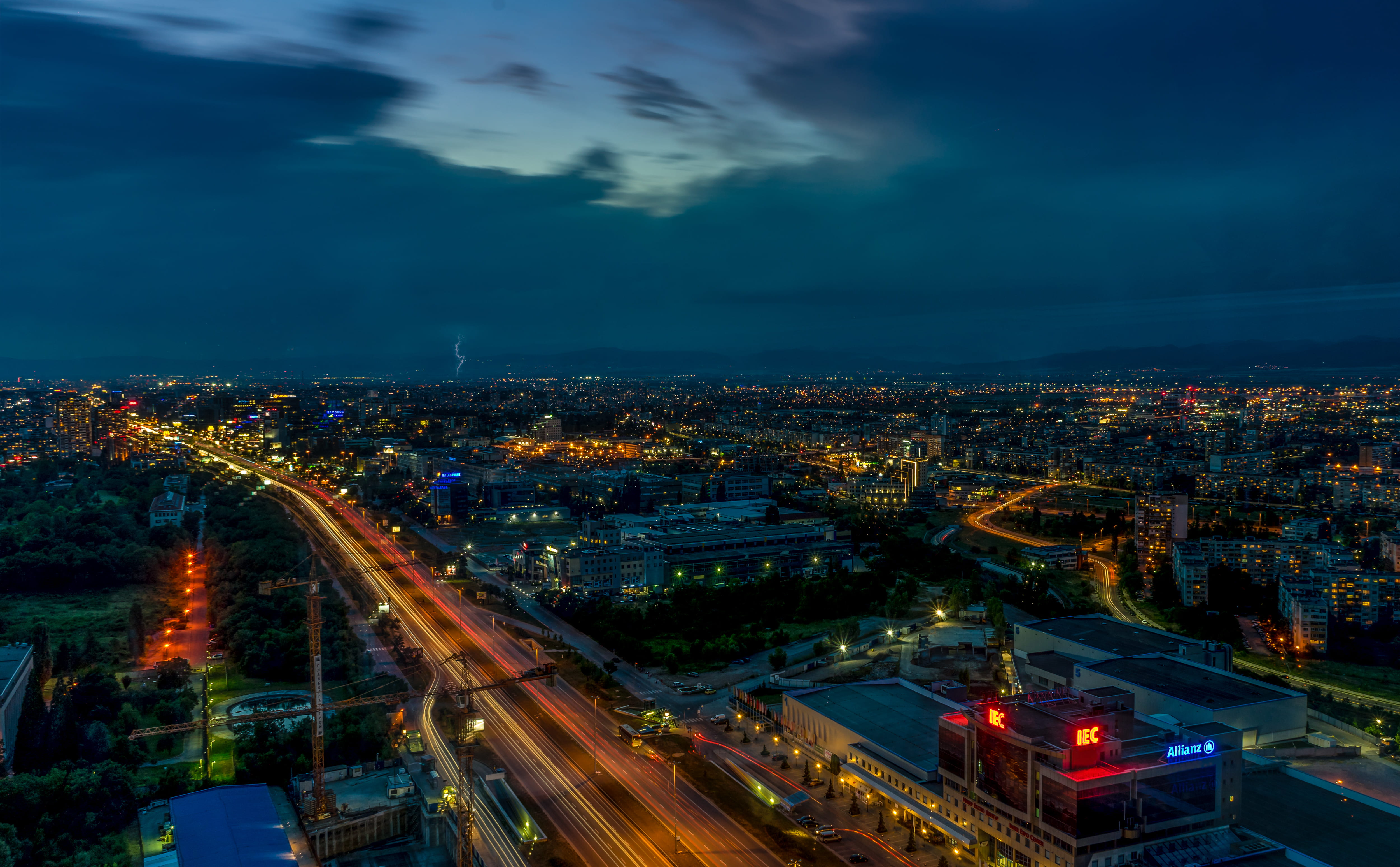 office building exterior, bulgaria, night, illuminated, photograph, building exterior, dusk, high angle view, building, city life, built structure, light, HD Wallpaper