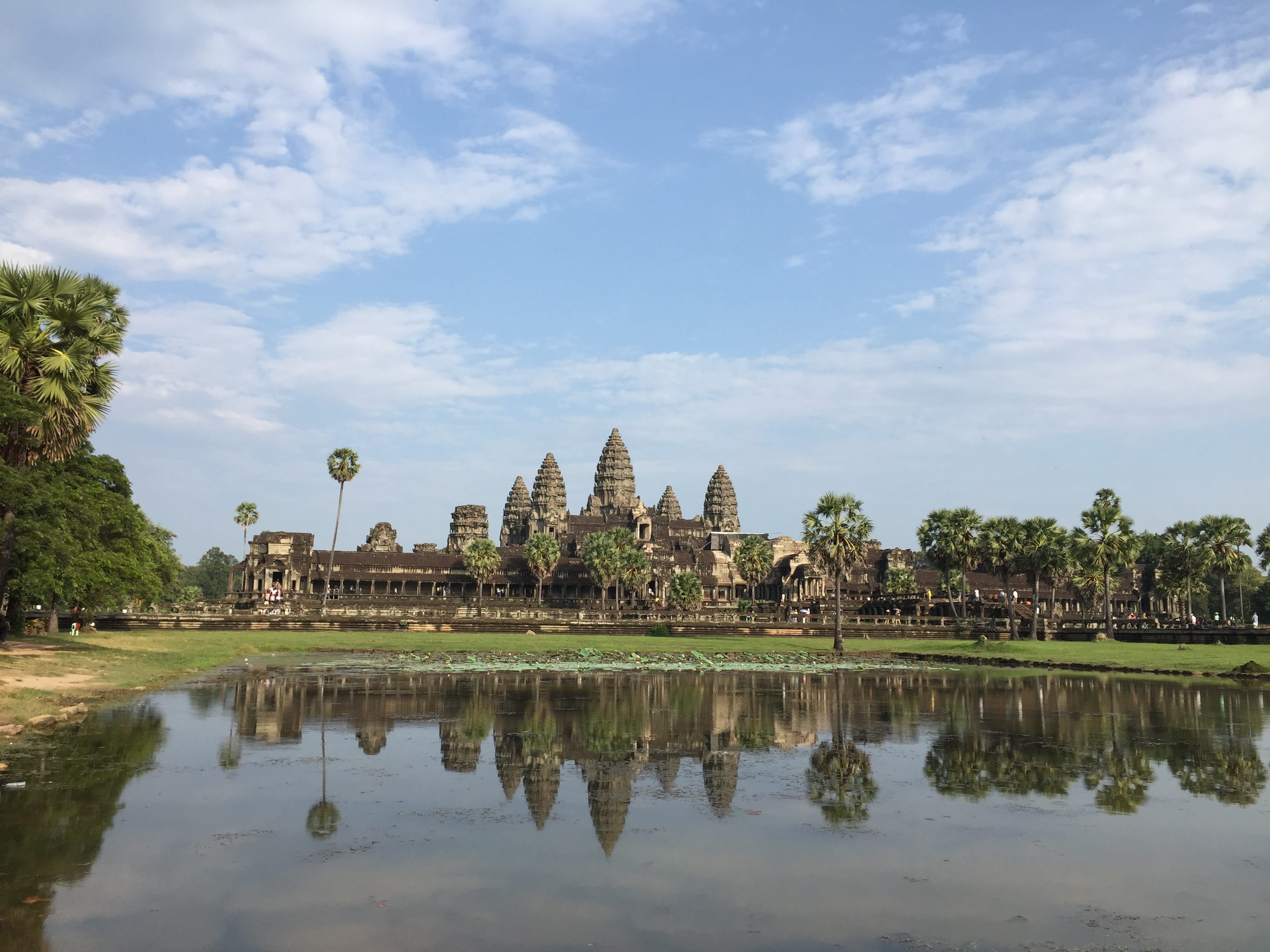 travel destinations, reflection, 2K, travel, culture, cambodia, outdoors, no people, cloud - sky, tree, building exterior, plant, archaeology, water, ruined, HD Wallpaper