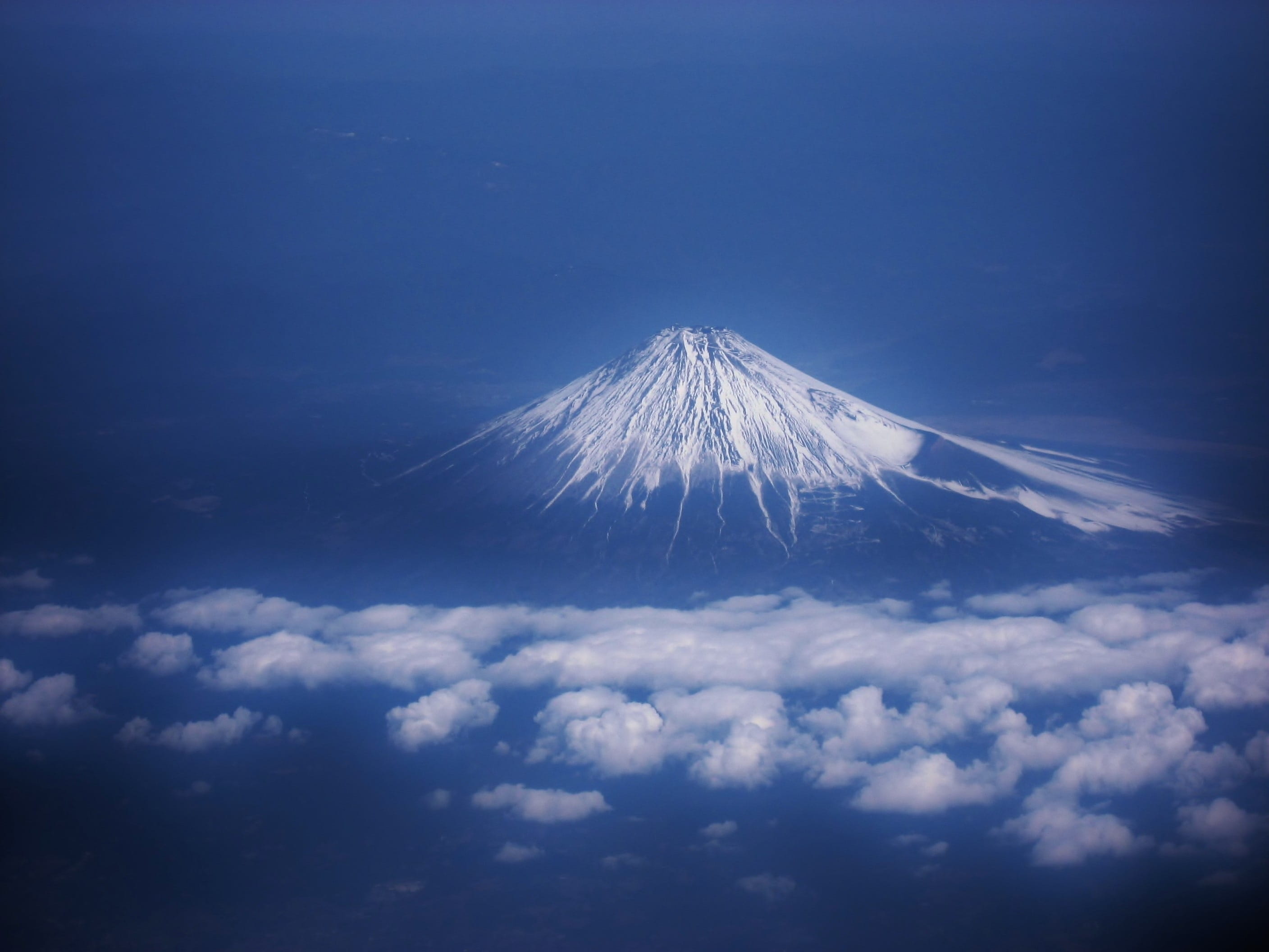 power in nature, mountain, outdoors, no people, volcano, navy blue, snow, idyllic, nature, cloud - sky, from the sky, Mt Fuji, sky, Aerial Photograph, tranquility, HD Wallpaper