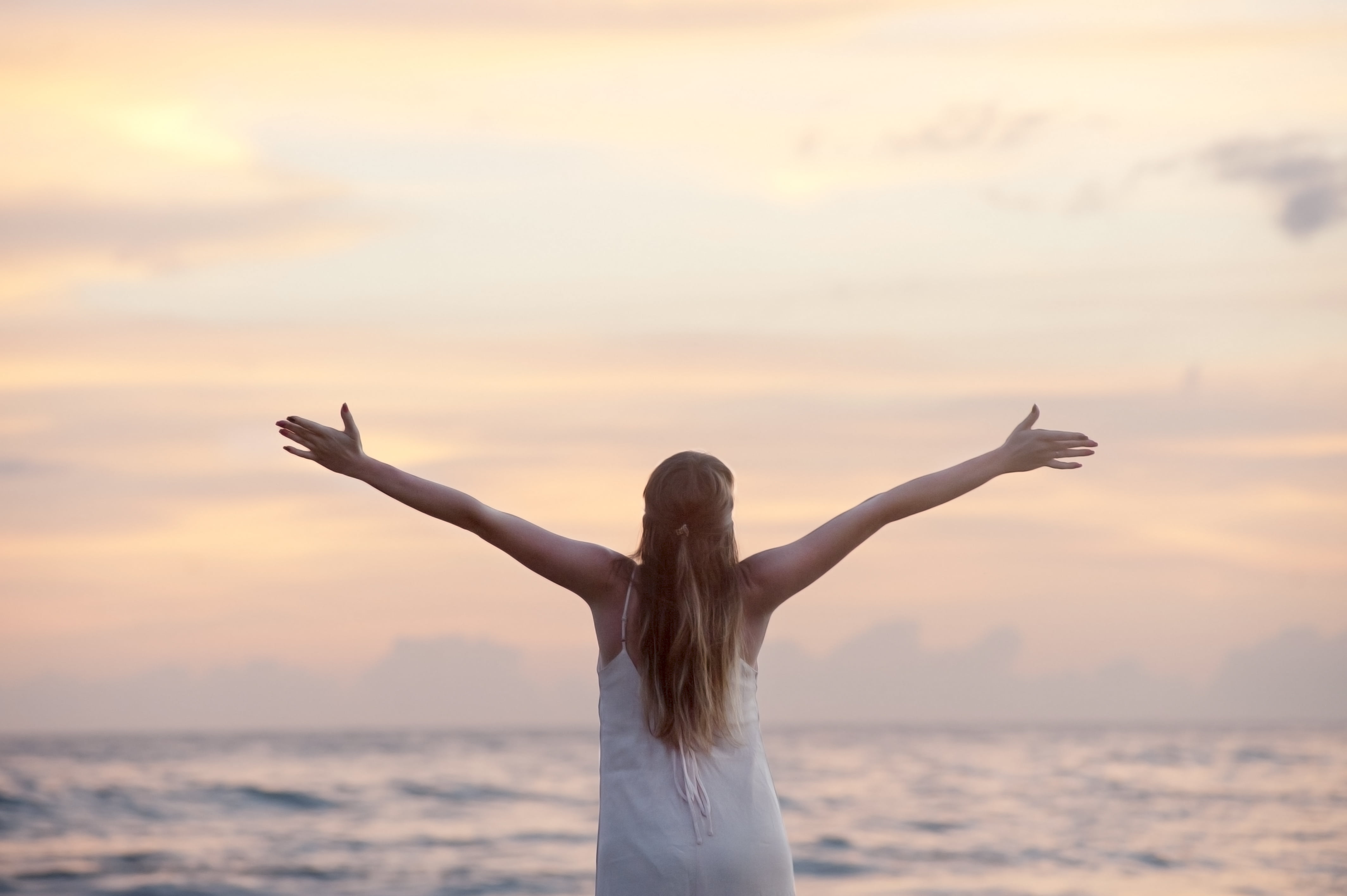 hairstyle, travel, hands, body, human limb, wellbeing, sky, body part, standing, women, arms raised, back, rear view, horizon, beach, sunset, limb, one woman only, HD Wallpaper