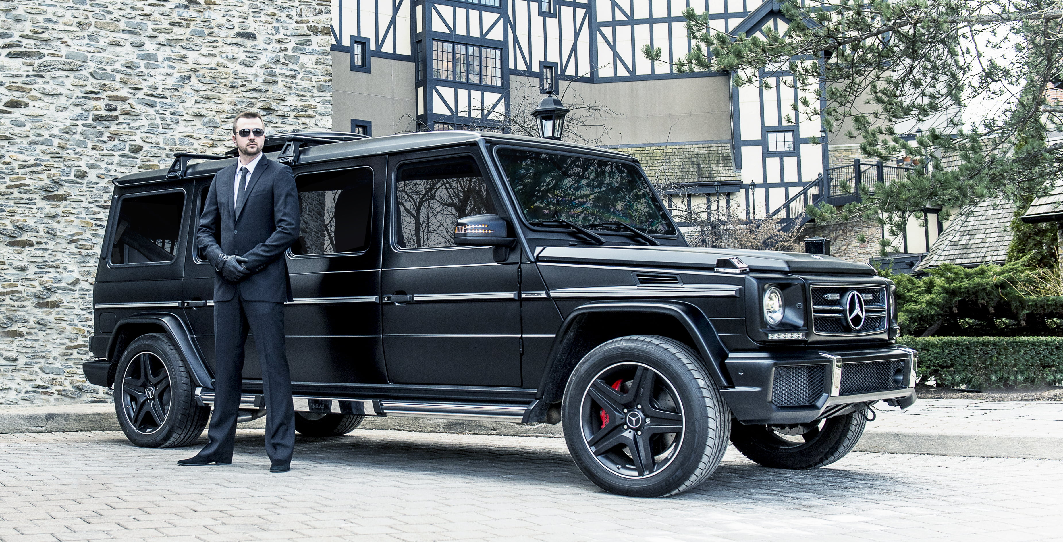 INKAS, Benz, day, AMG, people, full length, building, architecture, suit, tourist, journey, black, transportation, car, 4x4, jacket, retro Styled, Mercedes, HD Wallpaper