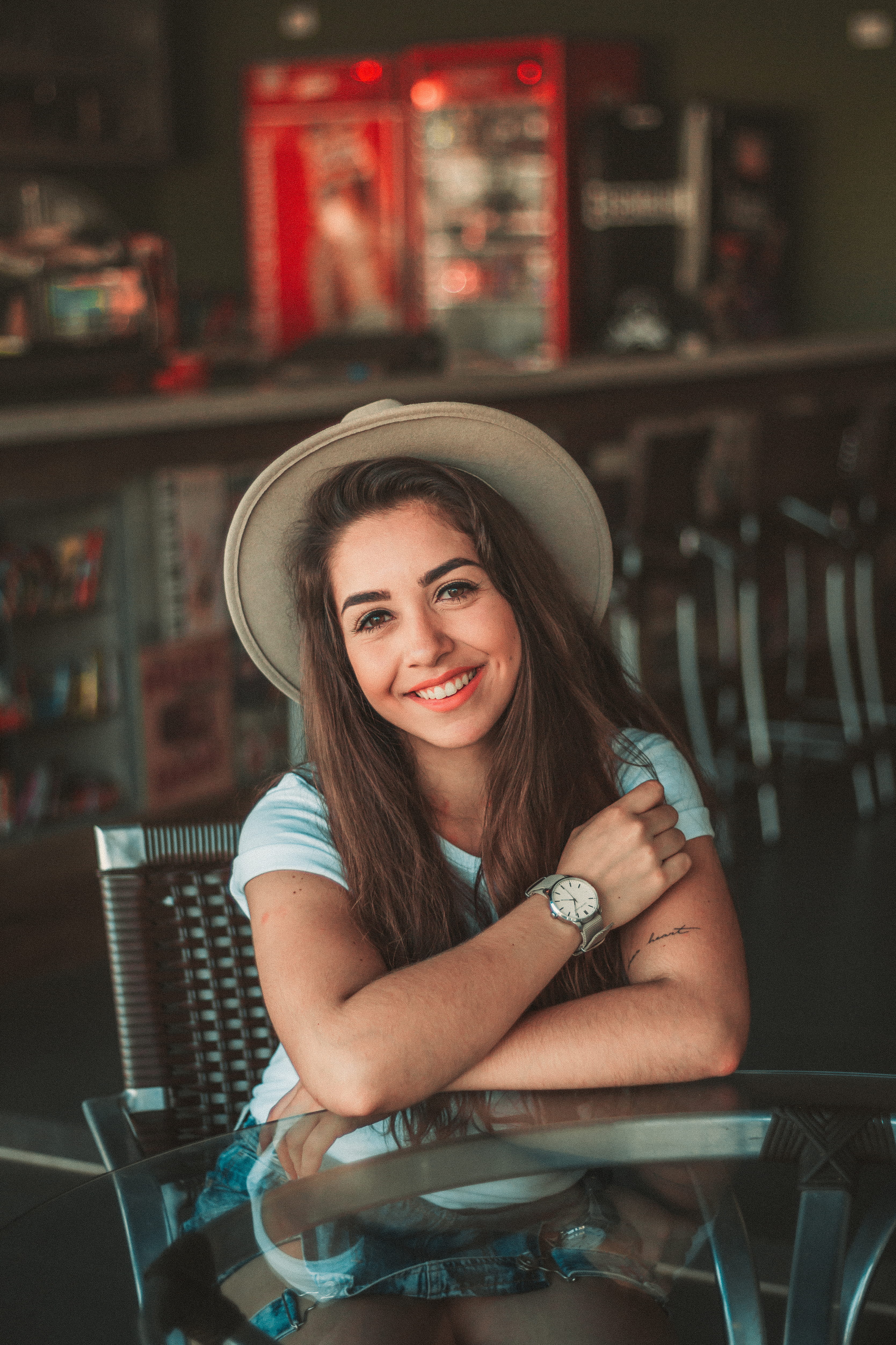 woman, beauty, hat, vacations, indoor, 4K, wearing, portrait, fashion, friendship, coke, cheerful, women, caucasian Ethnicity, brunette, smiling, happy, Phone HD Wallpaper