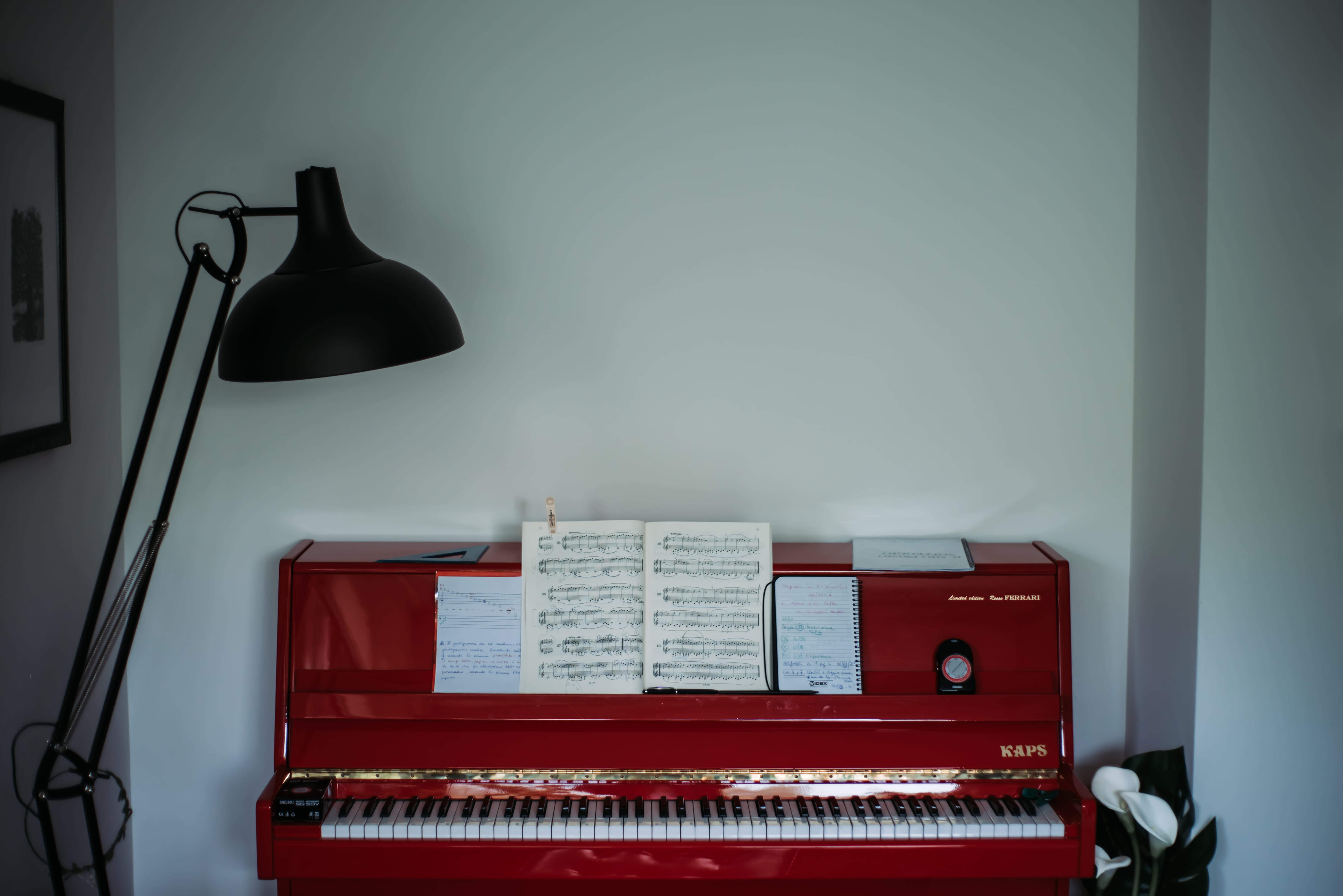 musical equipment, relax, music, piano, still life, sheet, italy, electric lamp, 5K, red, book, audio equipment, minimal, architecture, no people, interior, HD Wallpaper