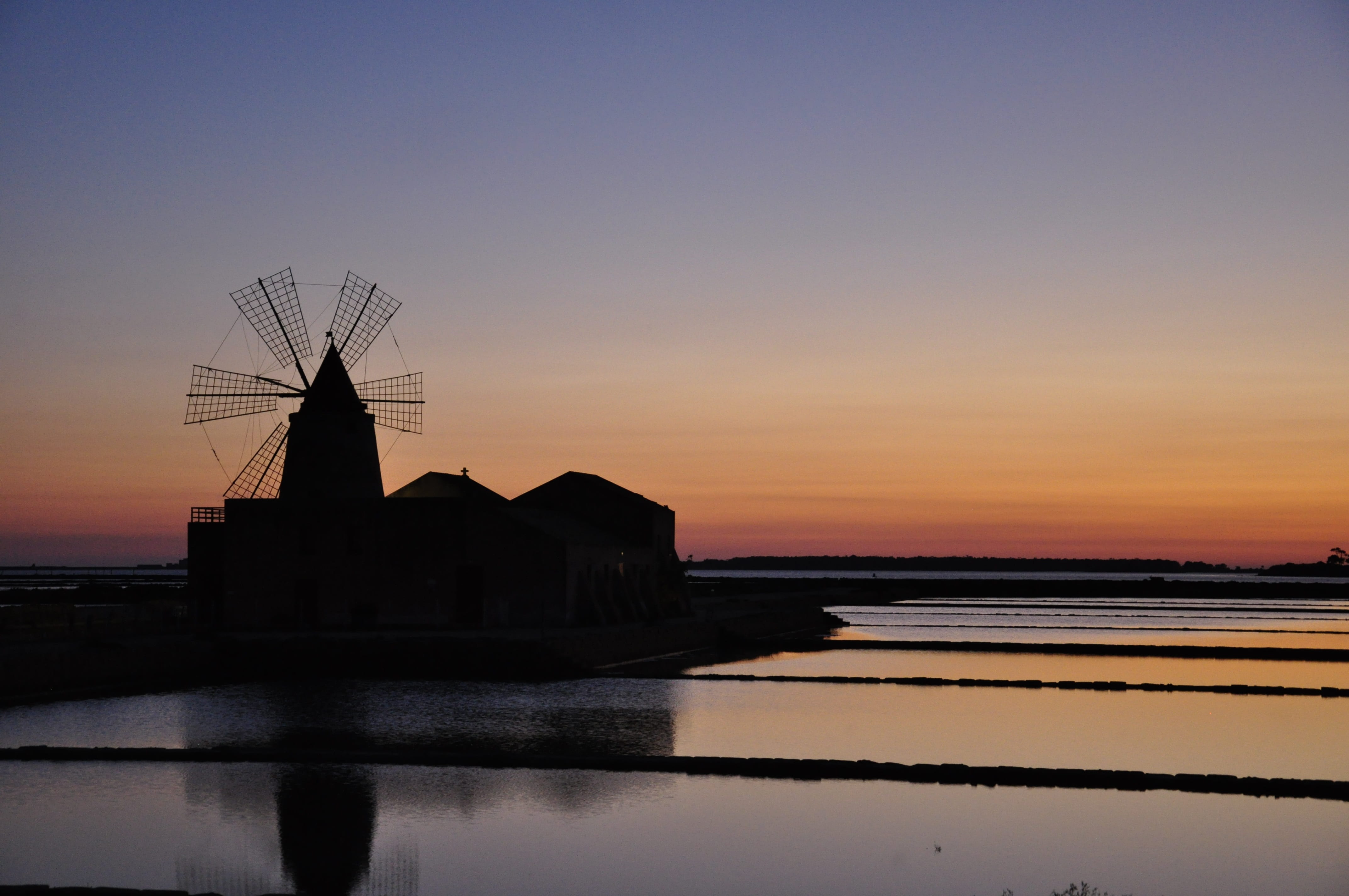 sky, nature, scenics - nature, land, environment, outdoors, sea, built structure, mill, tranquility, horizon over water, sunset, silhouette, fuel and power generation, HD Wallpaper