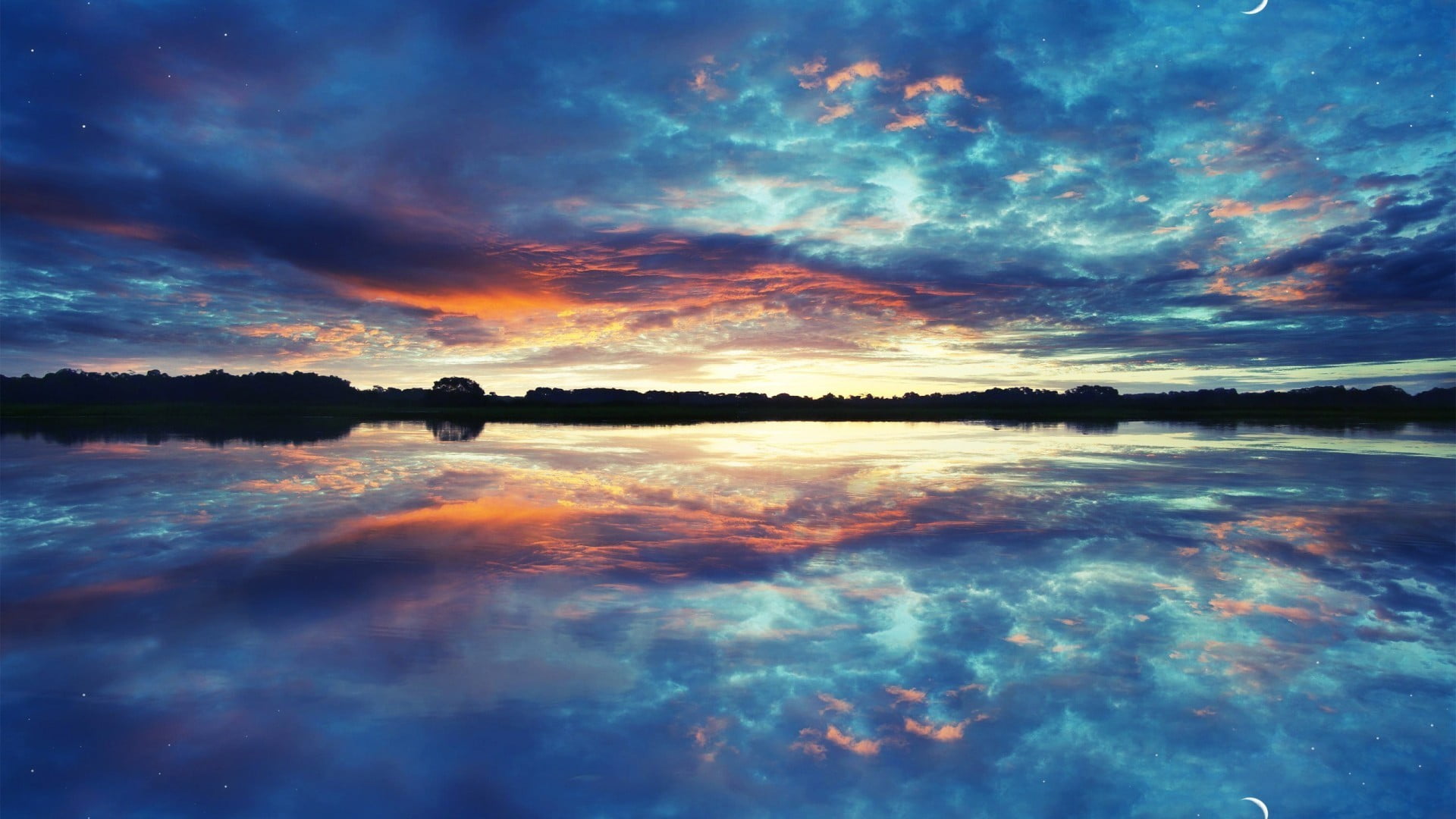 idyllic, tranquility, water, non-urban scene, outdoors, nature, landscape, romantic sky, body, reflection, lake, 1080P, waterfront, symmetry, no people, HD Wallpaper