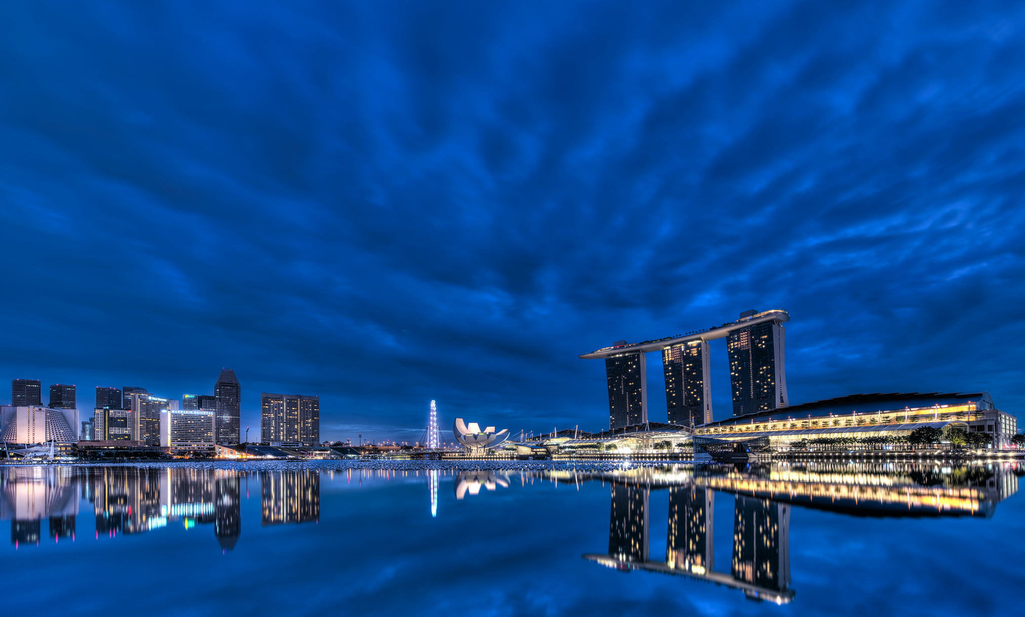 office building exterior, building, illuminated, concrete, architecture, backlight, urban skyline, megapolis, cloud - sky, Singapore, Bay, lights, buildings, HD Wallpaper