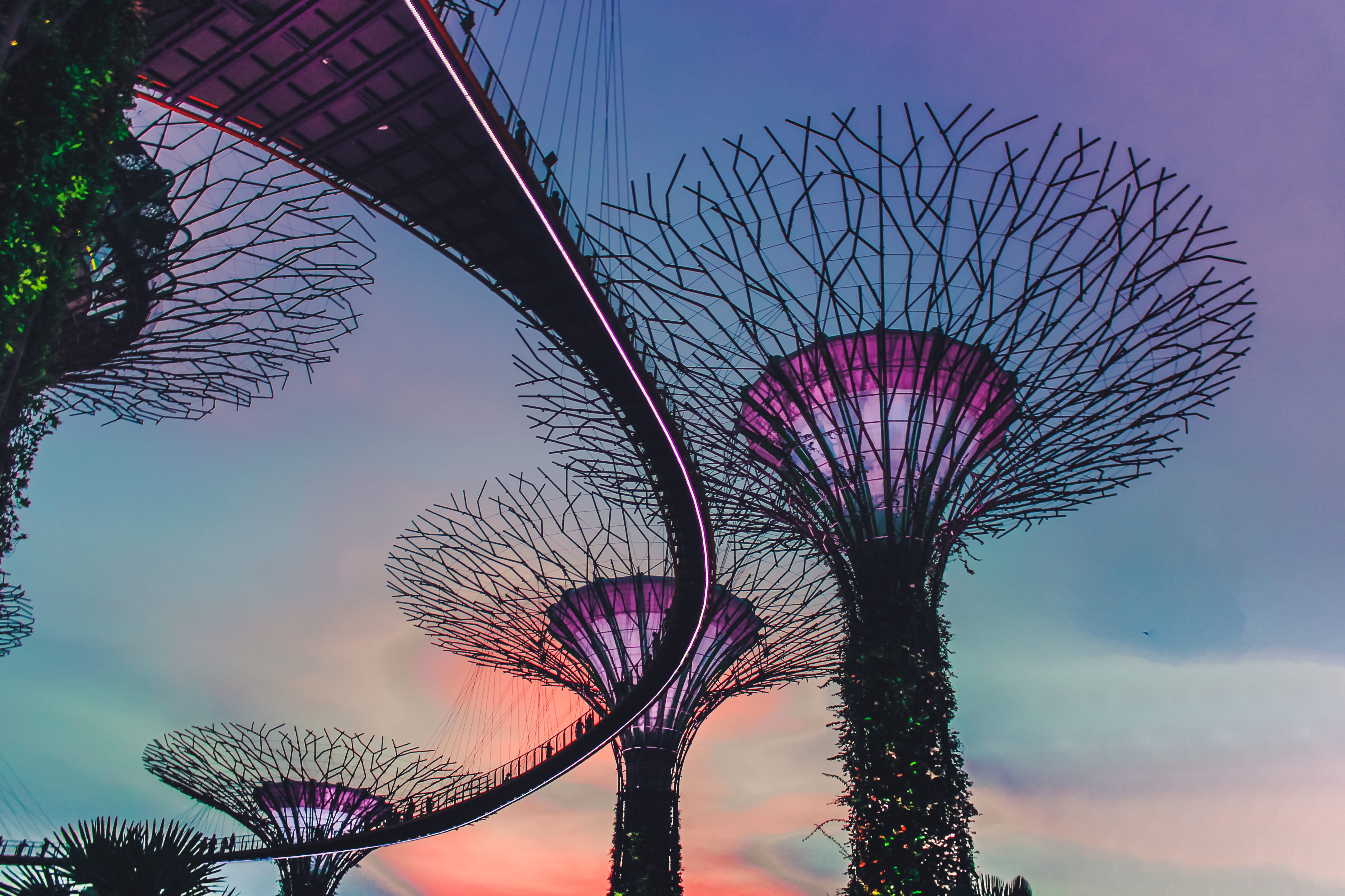 dusk, illuminated, purple, architecture, orange sky, outdoors, blurred motion, architectural, amusement park ride, sky, photo, 4K, no people, amusement park, HD Wallpaper
