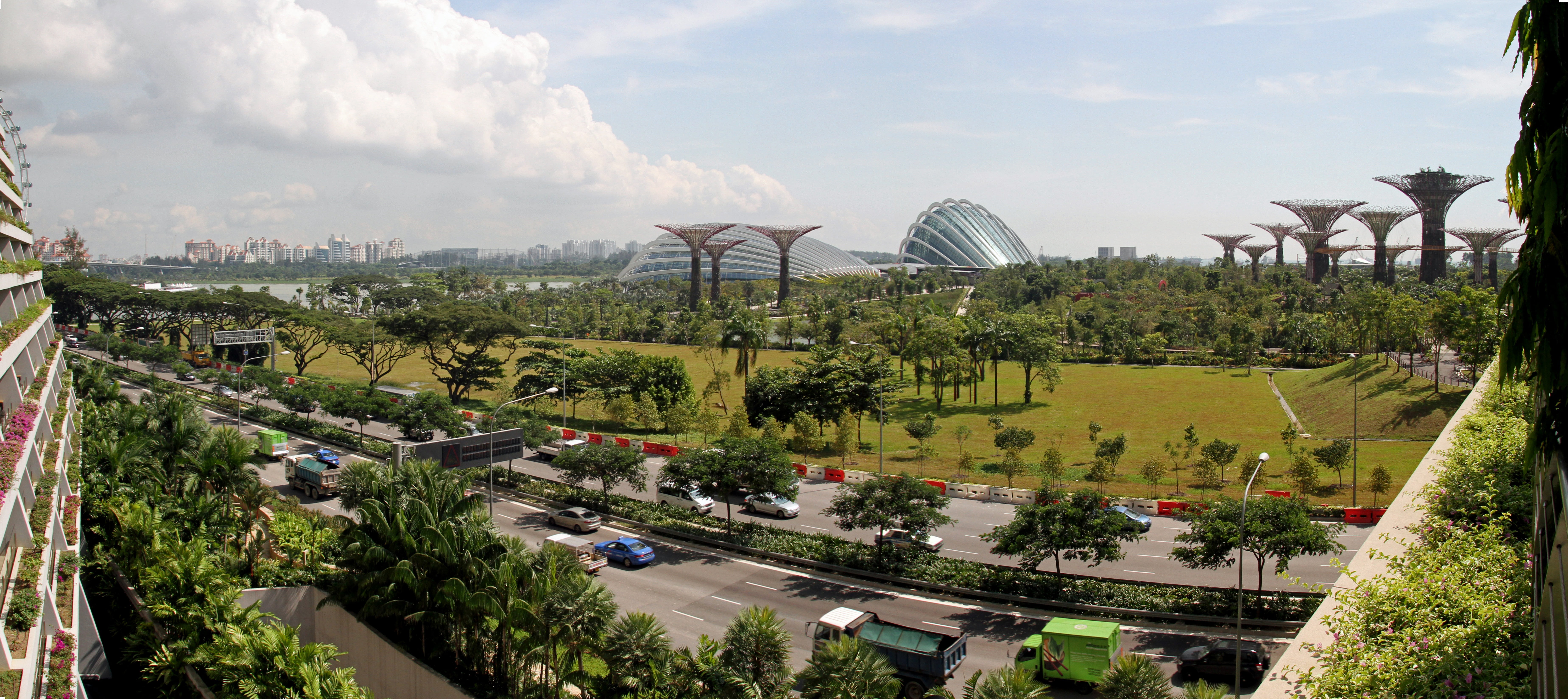 sky, botanical, land vehicle, transportation, outdoors, plant, gardens by the bay, amusement park, day, tree, 5K, singapore, car, city, road, high angle view, HD Wallpaper
