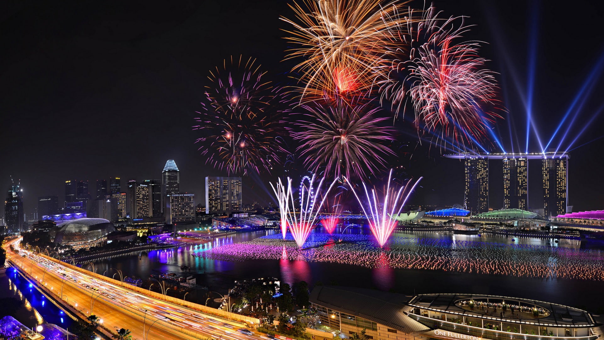new, happy, hotel, fireworks, desktop, celebration, 1080P, hd, light, bay, year, singapore, laser, marina, HD Wallpaper