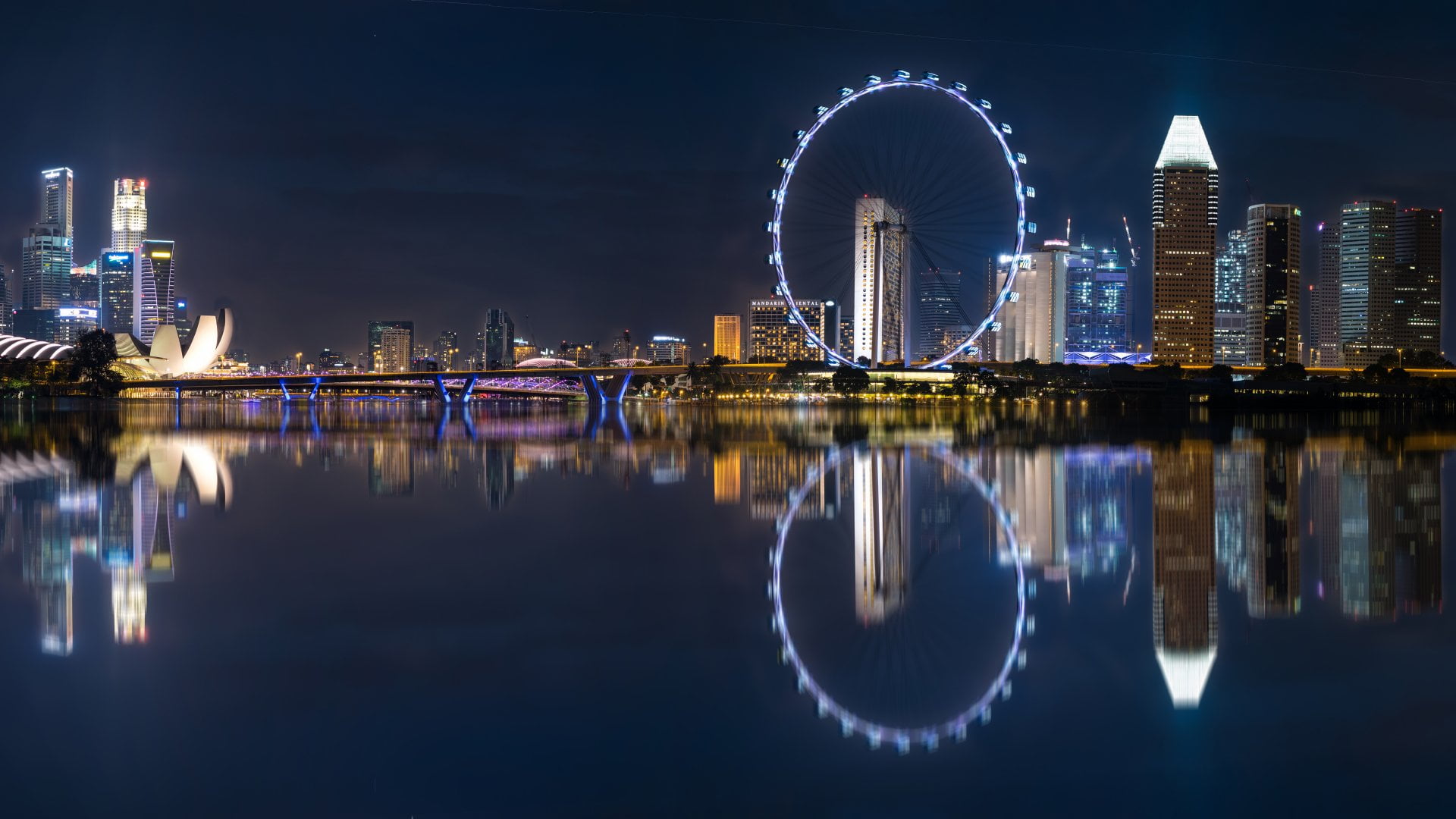skyline, travel destinations, amusement park ride, modern, ferris wheel, architecture, Buildings, office building exterior, Building, city, 1080P, illuminated, HD Wallpaper