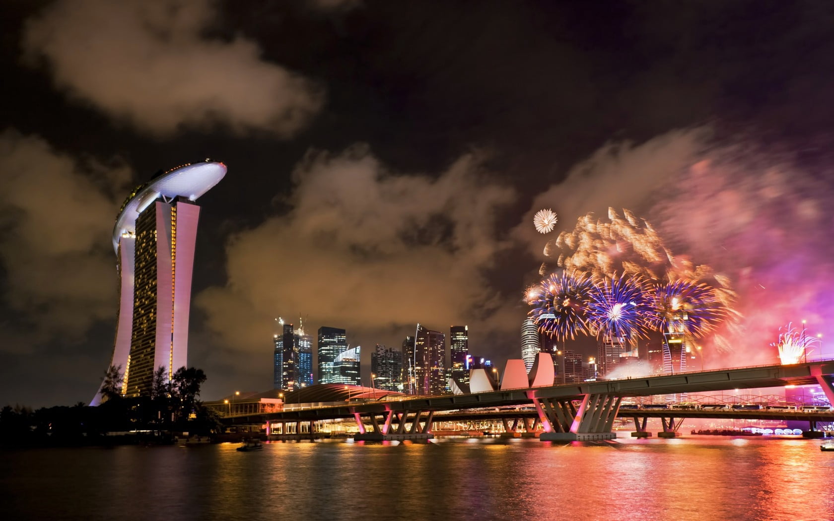 business, skyscrapers, cityscape, bridge, no people, marina, sands, downtown District, modern, built Structure, arts culture and entertainment, night, illuminated, HD Wallpaper