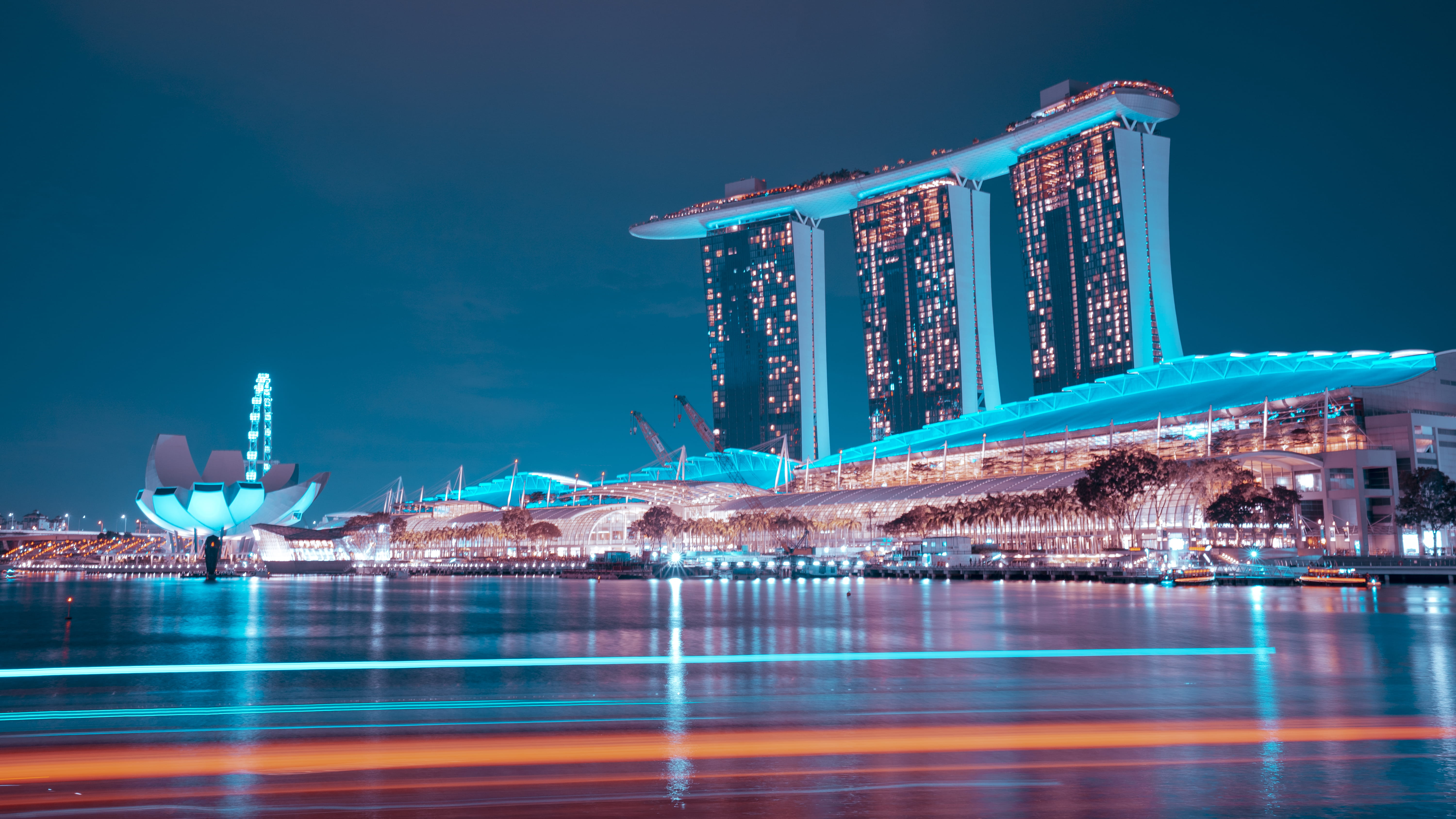 no people, sky, travel destinations, building, built structure, night, urban skyline, marina, reflection, illuminated, luxury, 5K, city, nature, modern, HD Wallpaper