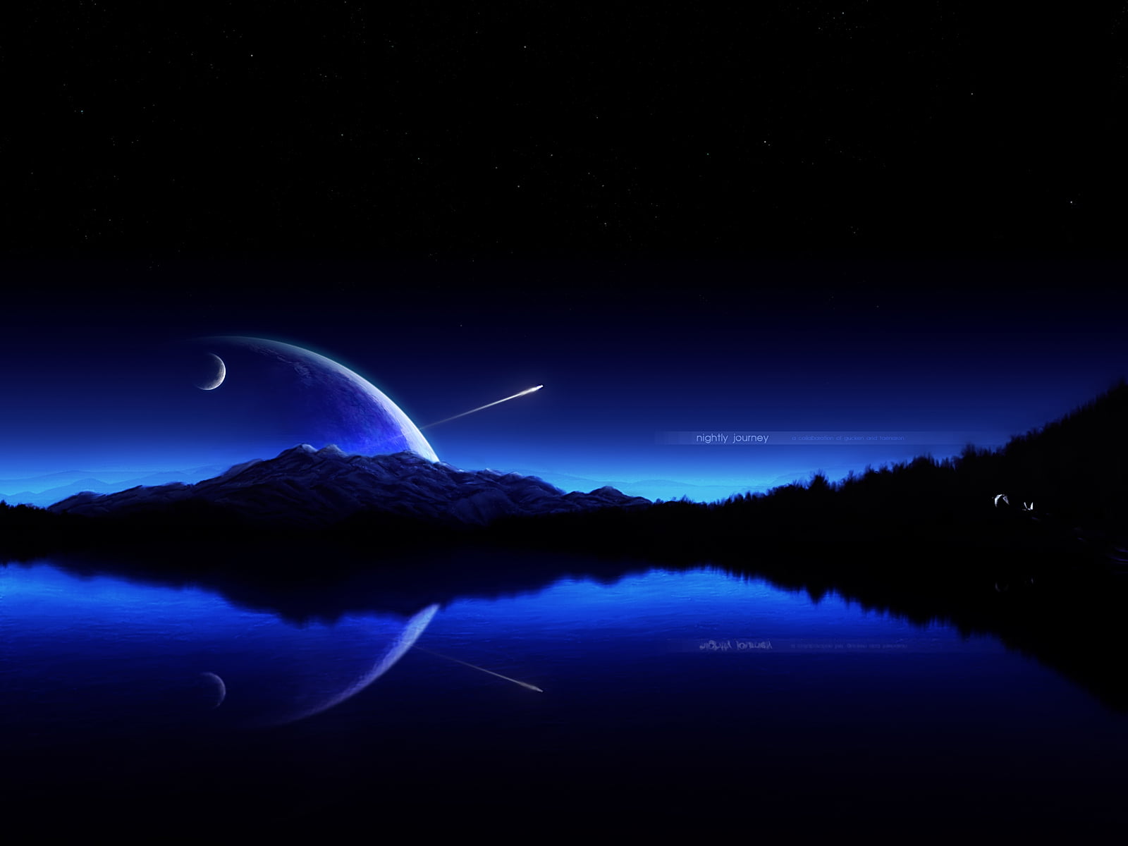 scenics - nature, sky, reflection, illuminated, star - space, panoramic, moonlight, tranquil scene, creative art, blue, astronomy, no people, HD Wallpaper