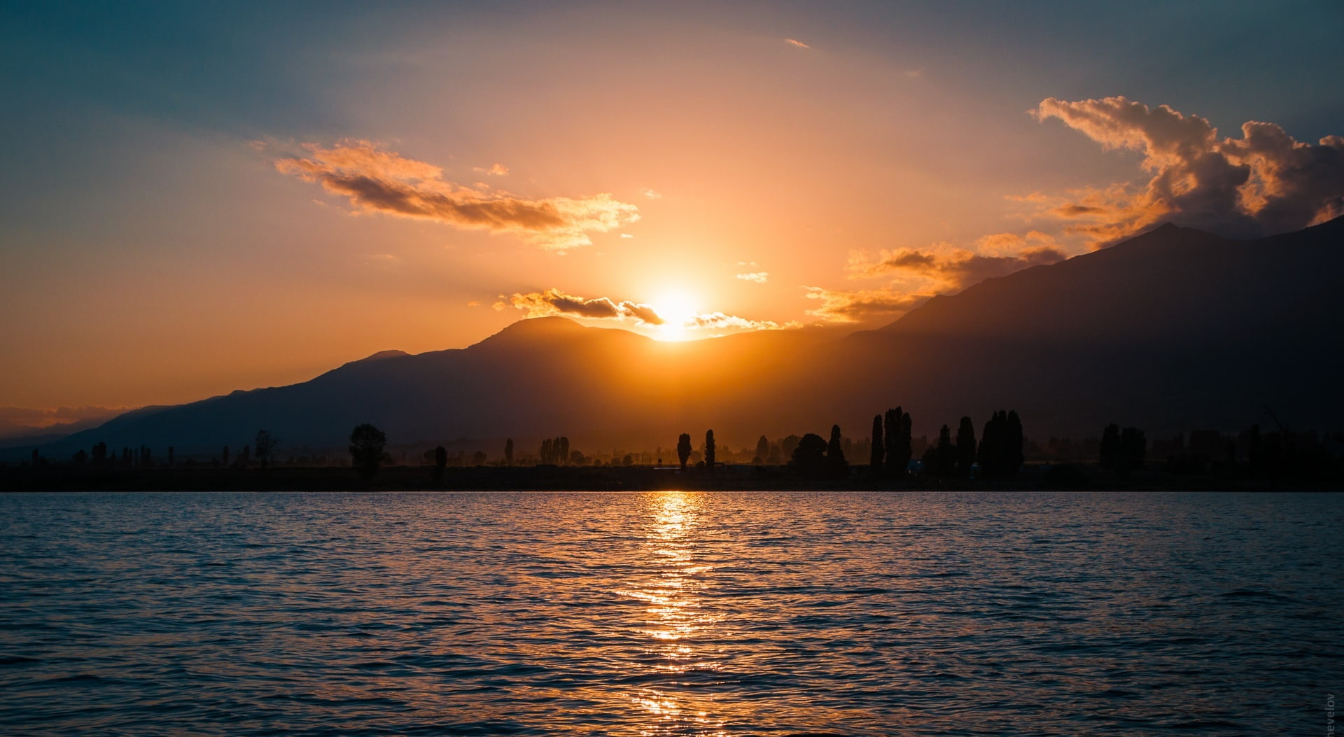 Silhouette, nikon, kul, Mountains, Blue, sky, panoramic, Clouds, Orange, sigma1770284vr, outdoors, Sunset, mountain, ysykkol, waterfront, Water, Nature, HD Wallpaper