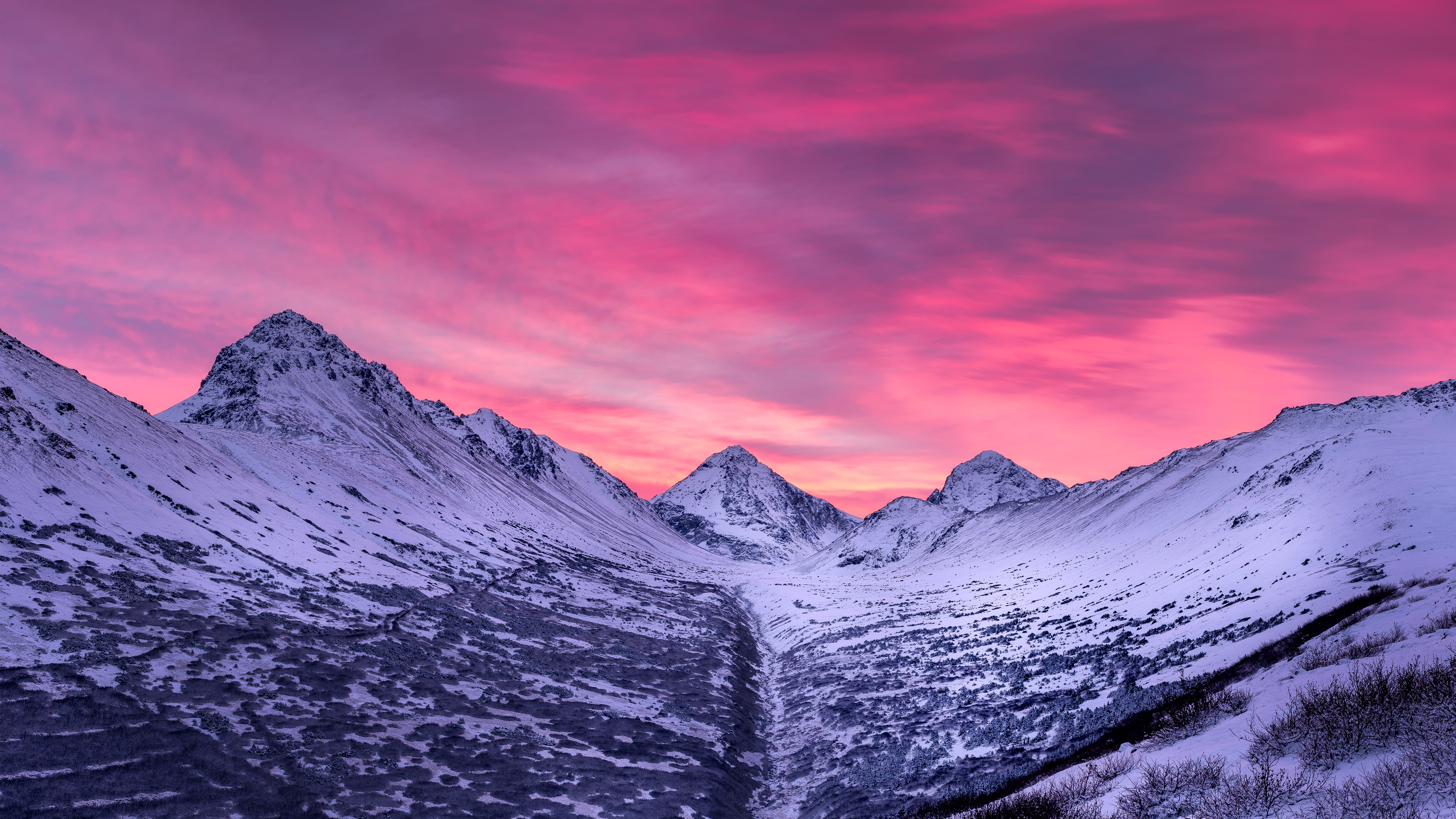 mountain, Alaska, Sunrise, photo, Rabbit Creek, North Suicide Peak, panoramic, snow, golden, 5K, 5K, capped, hour, Chugach State Park, HD Wallpaper