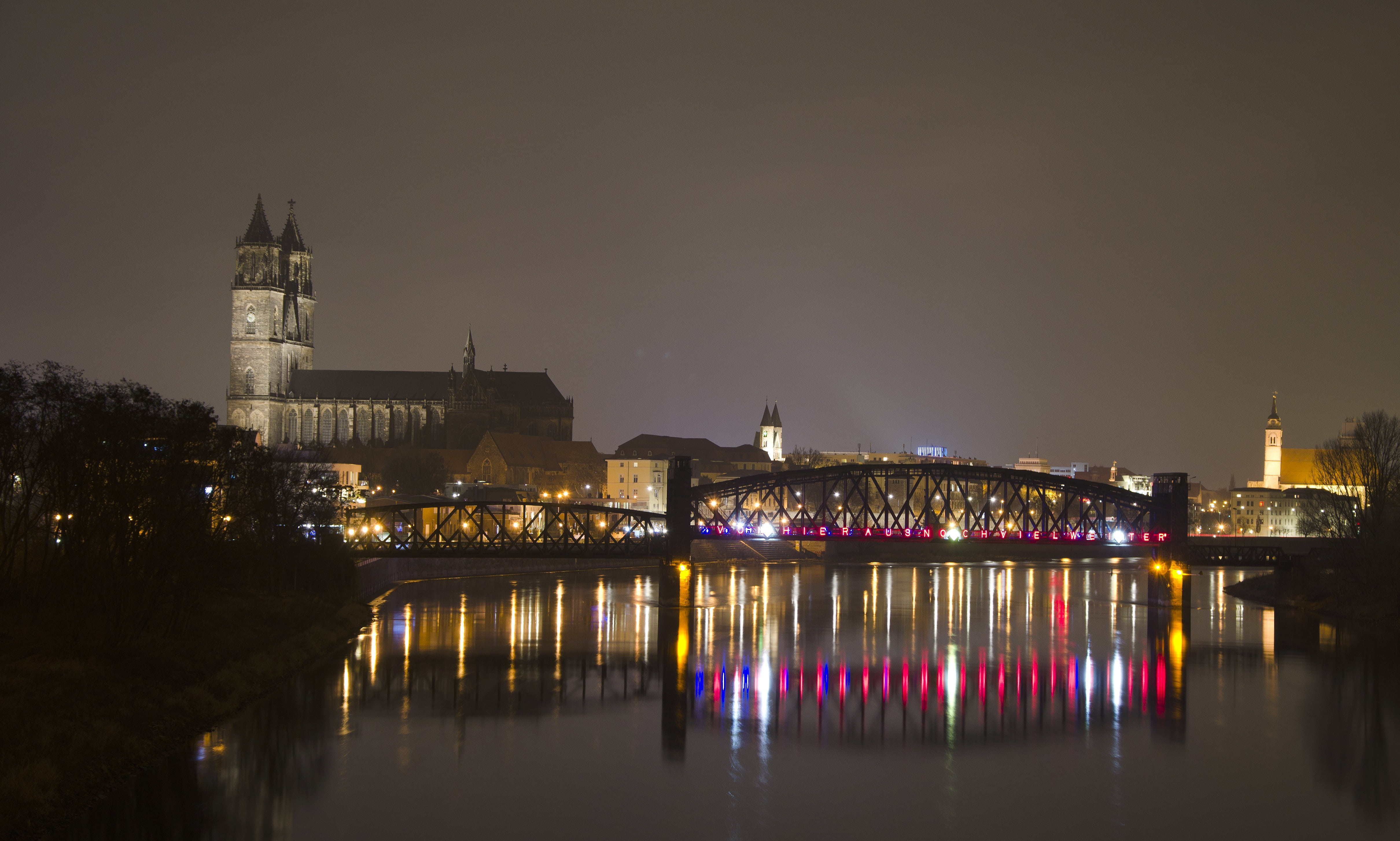 near, artwork, purple, photo, monument, connection, magdeburg, steeple, buildings, 4K, no people, nature, travel destinations, building exterior, hubbrücke, HD Wallpaper