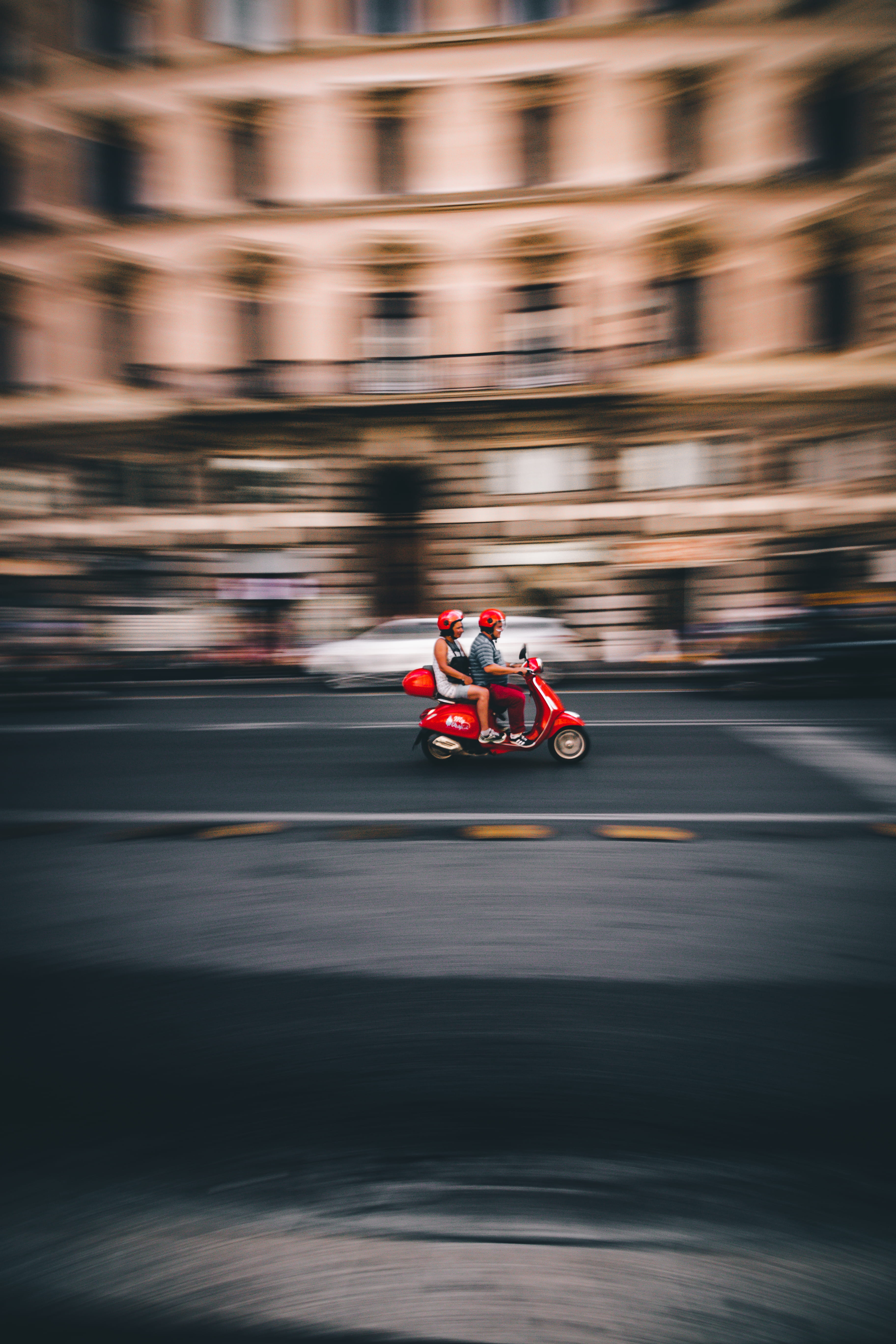red, urban, real people, driving, riding, blurred motion, vespa, crash helmet, motion, outdoors, sport, speed, day, italy, 5K, mode of transportation, Phone HD Wallpaper