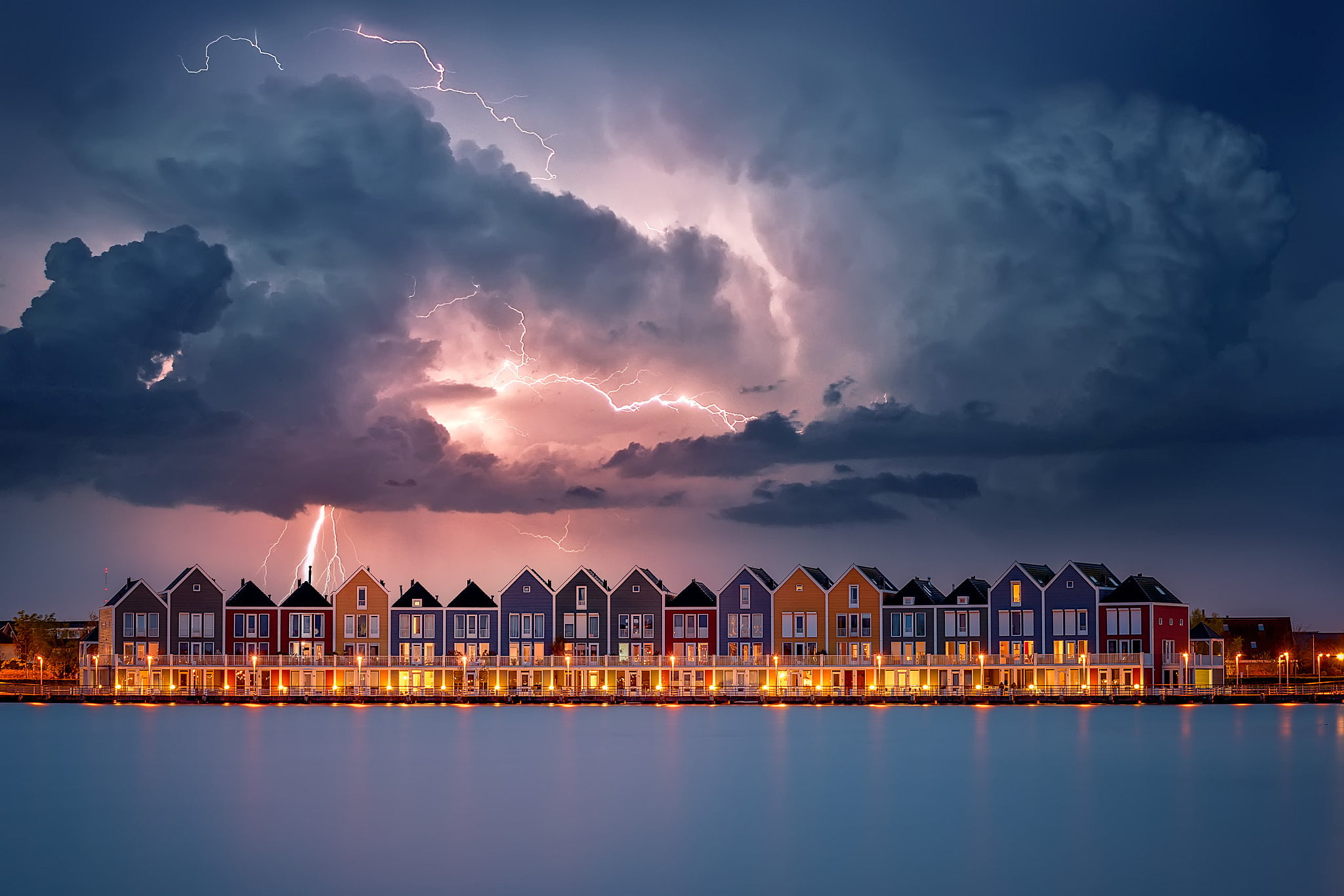 color, sky, houses, water, architecture, nature, building exterior, dusk, Michiel Buijse, clouds, photography, dark, reflection, lightning, building, 1080P, HD Wallpaper