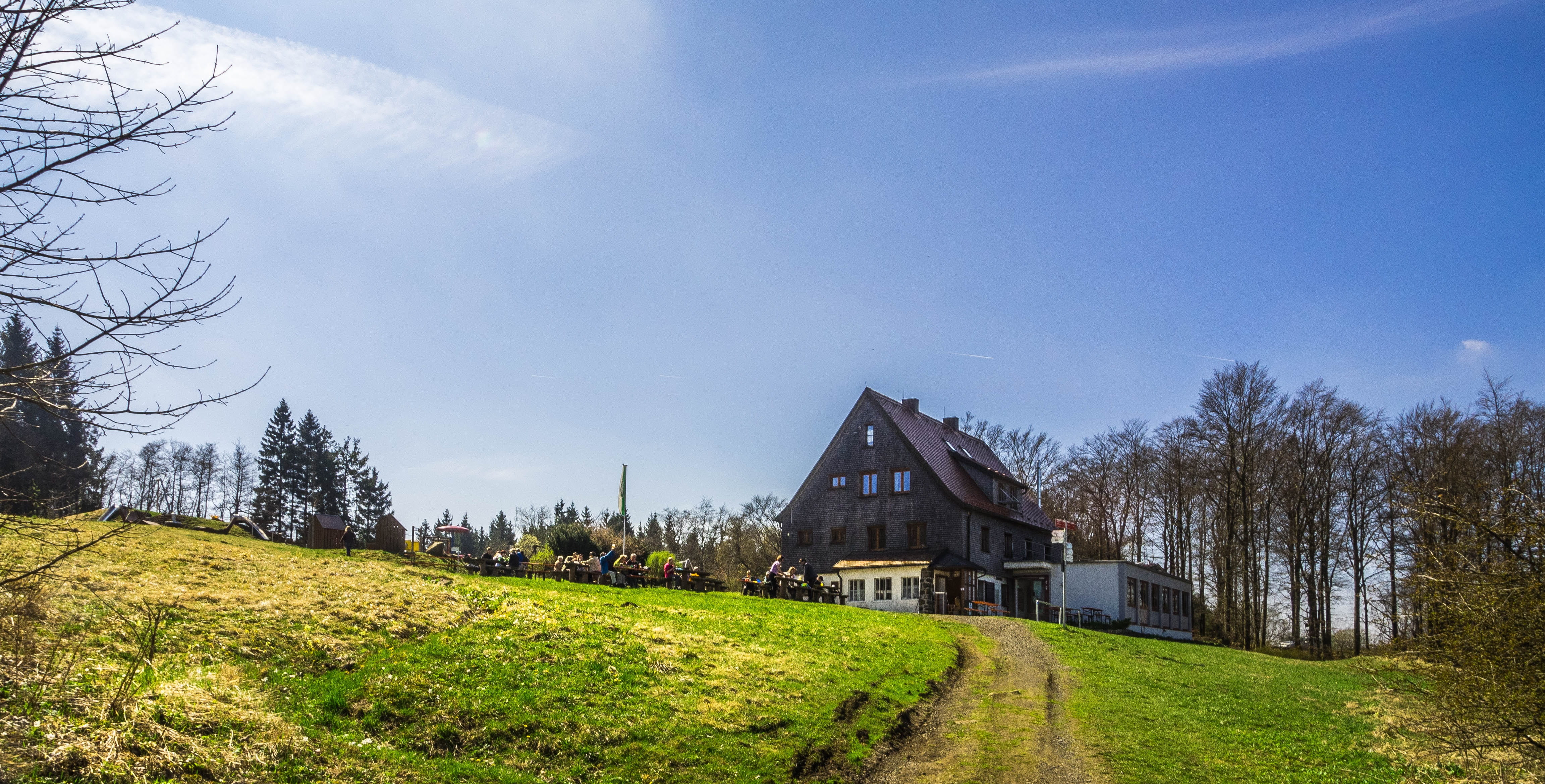 built structure, architecture, wood, meadow, tree, alpine club, sky, woodhouse, hiking tour, stay, hiking, day, trail, plant, mountains, no people, belief, HD Wallpaper