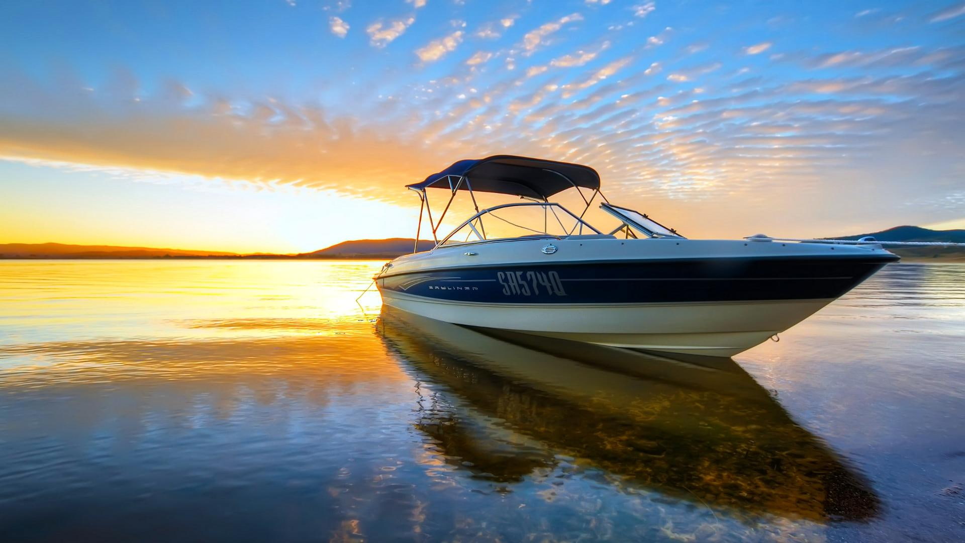 trip, boat, boats, ocean, clouds, ship, sunset, water, 1080P, horizon, HD Wallpaper