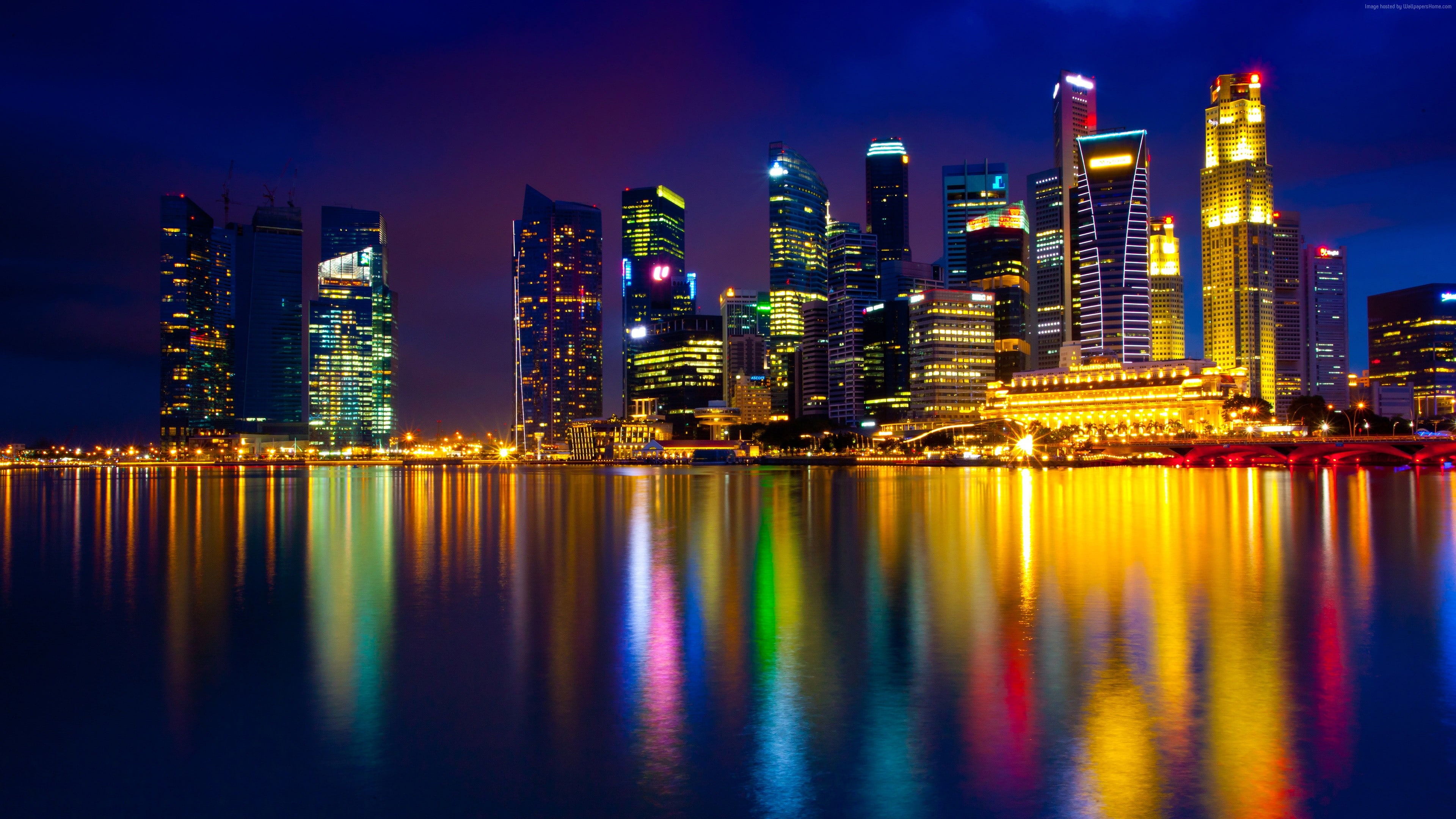 town, color light, singapore, 4K, marina bay, HD Wallpaper