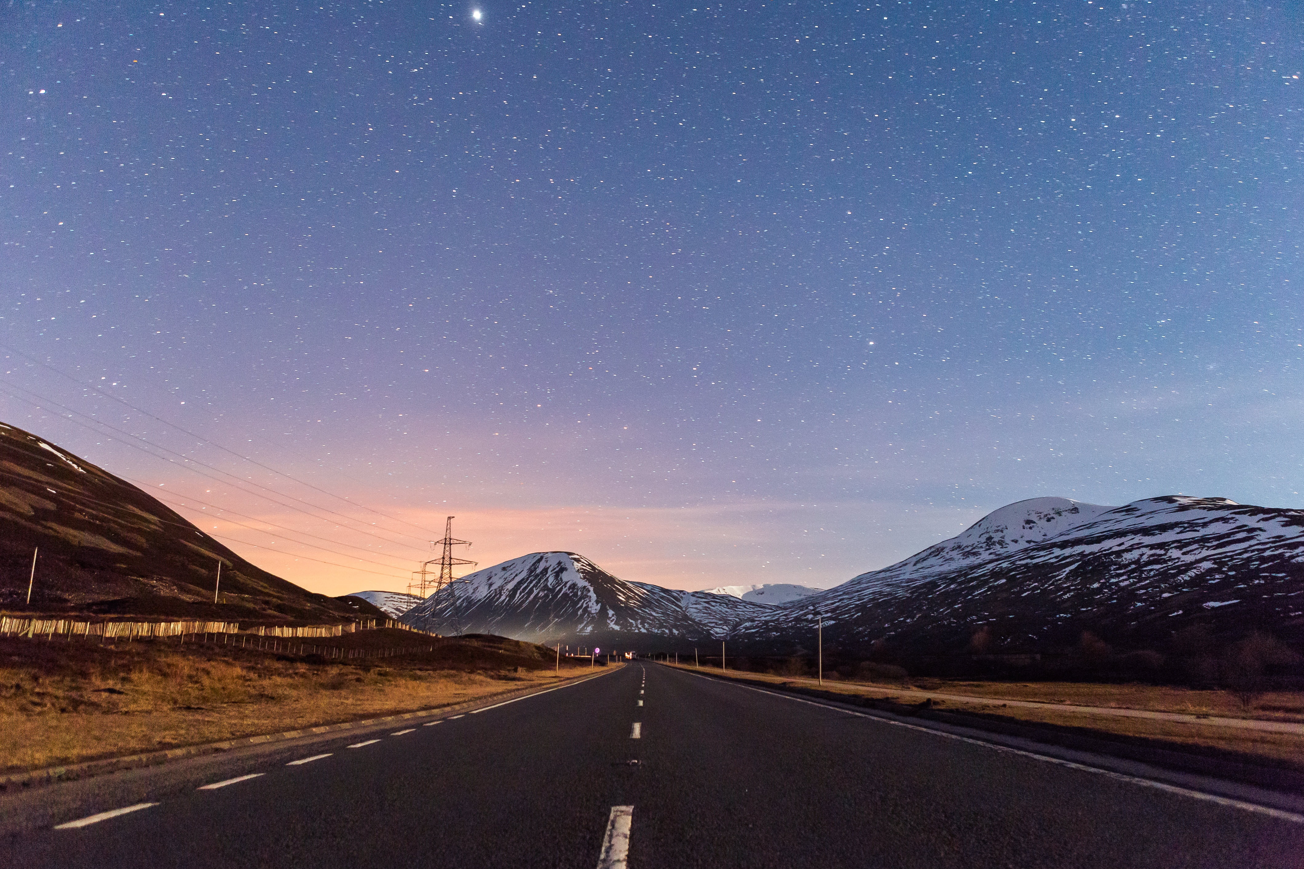 outdoors, straight, space and astronomy, diminishing perspective, star - space, dawn, scenics, landscape, mountain, stars, riad, sky, 4K, transportation, HD Wallpaper