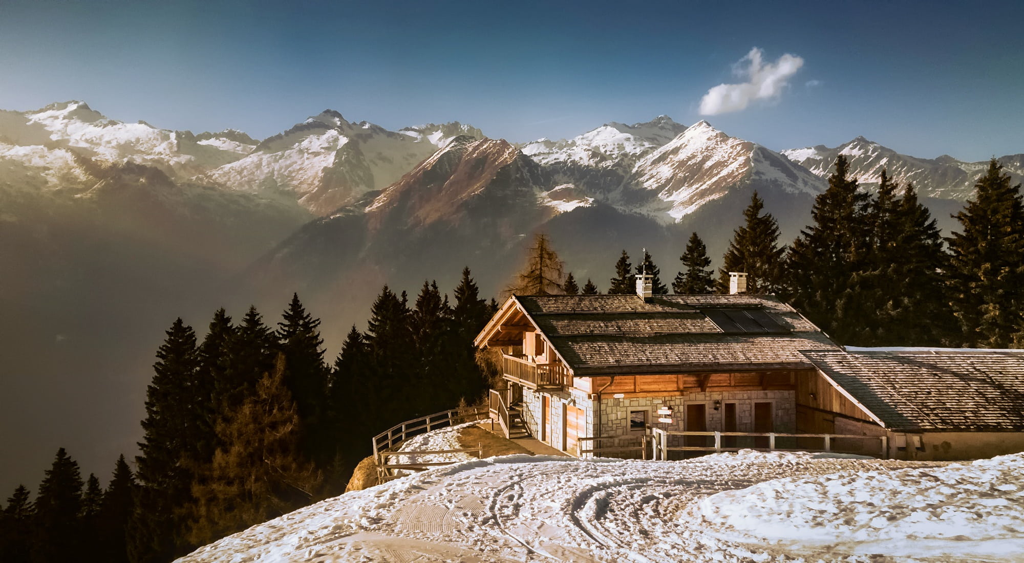 chalet, built structure, house, alps, scenics - nature, nature, architecture, skies, tree, no people, coniferous tree, woods, home, cold temperature, travel, HD Wallpaper
