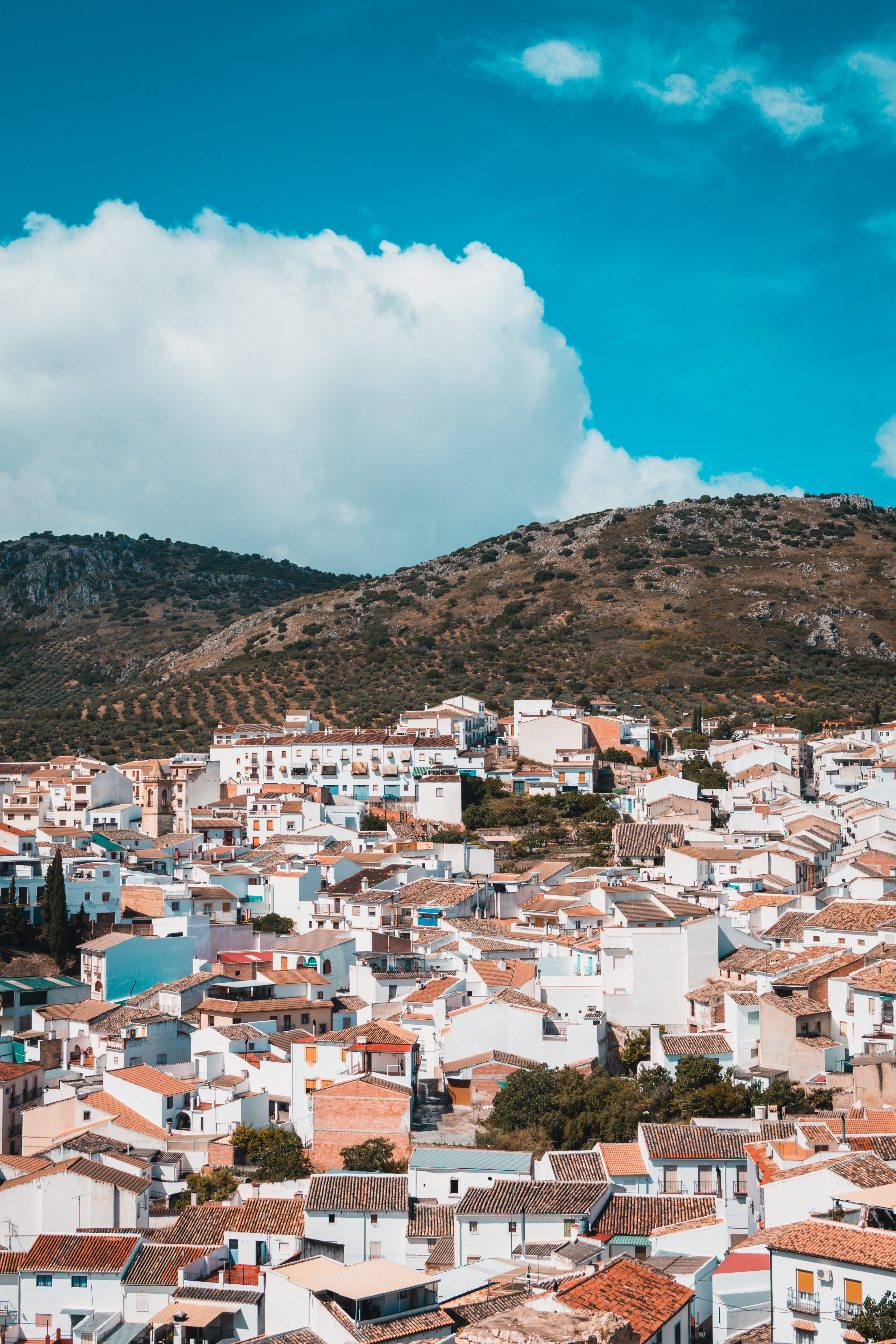 architecture, europe, village, buildings, hill, grass, cityscape, cloud, sky, beside, houses, city, 5K, white, tourism, town, community, blus, day, building, Phone HD Wallpaper