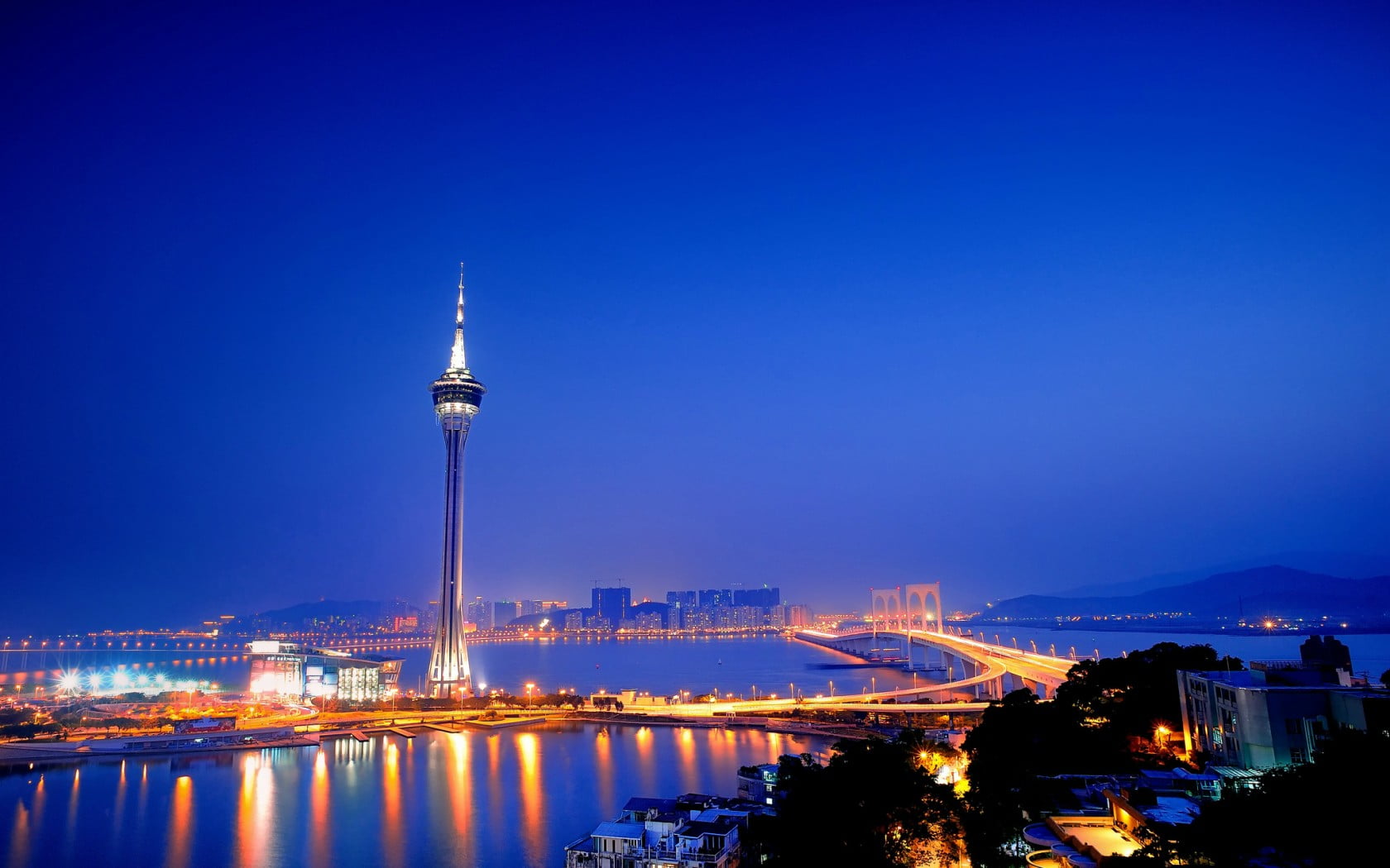 black, city, water, bridge, building exterior, architecture, tall - high, skyscraper, outdoors, white, spire, bridge - man made structure, night, travel destinations, HD Wallpaper