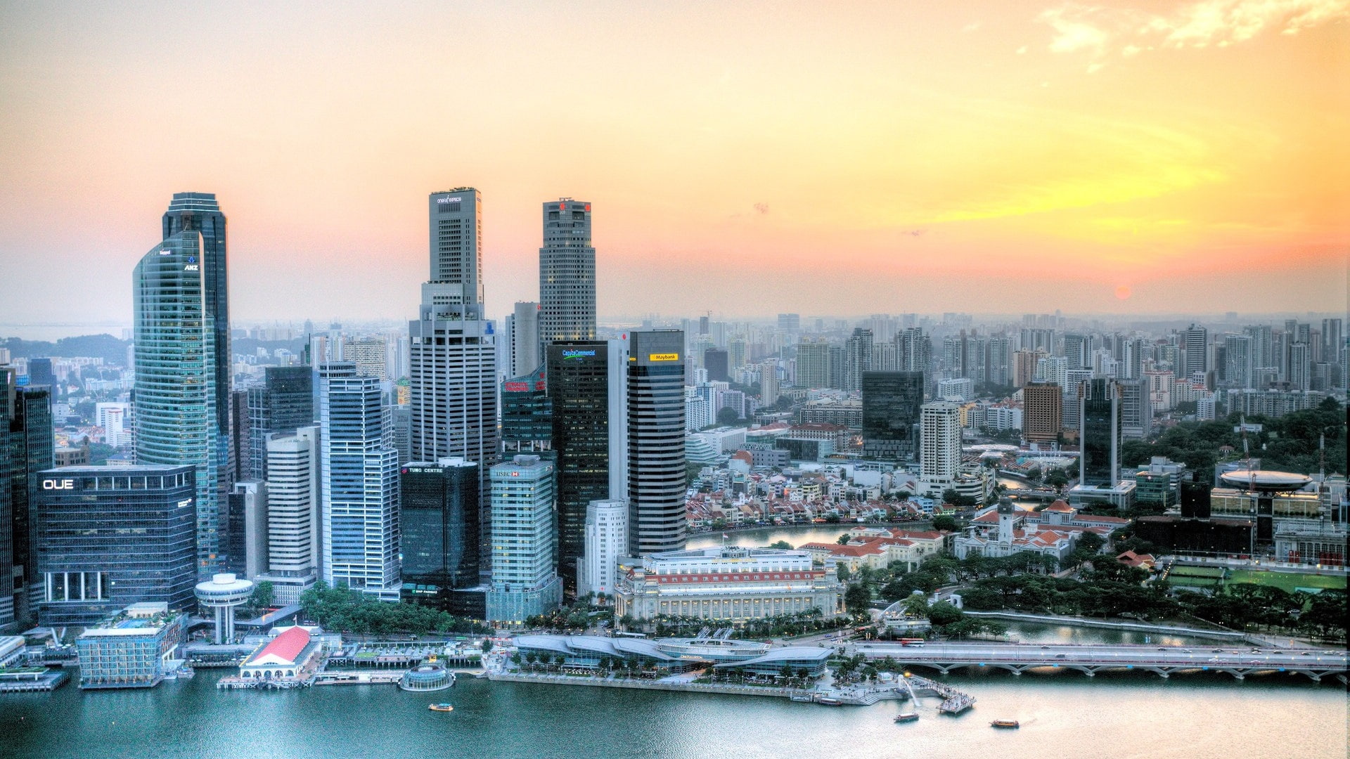 Skyscrapers, 1080P, River, Sunset, Singapore, Roads, HD Wallpaper