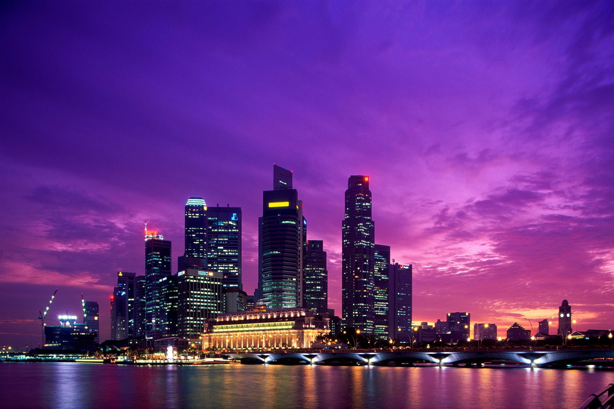 city, skyscraper, nature, outdoors, purple, cityscape, Singapore, tall - high, water, Asian architecture, building, waterfront, night, building exterior, HD Wallpaper