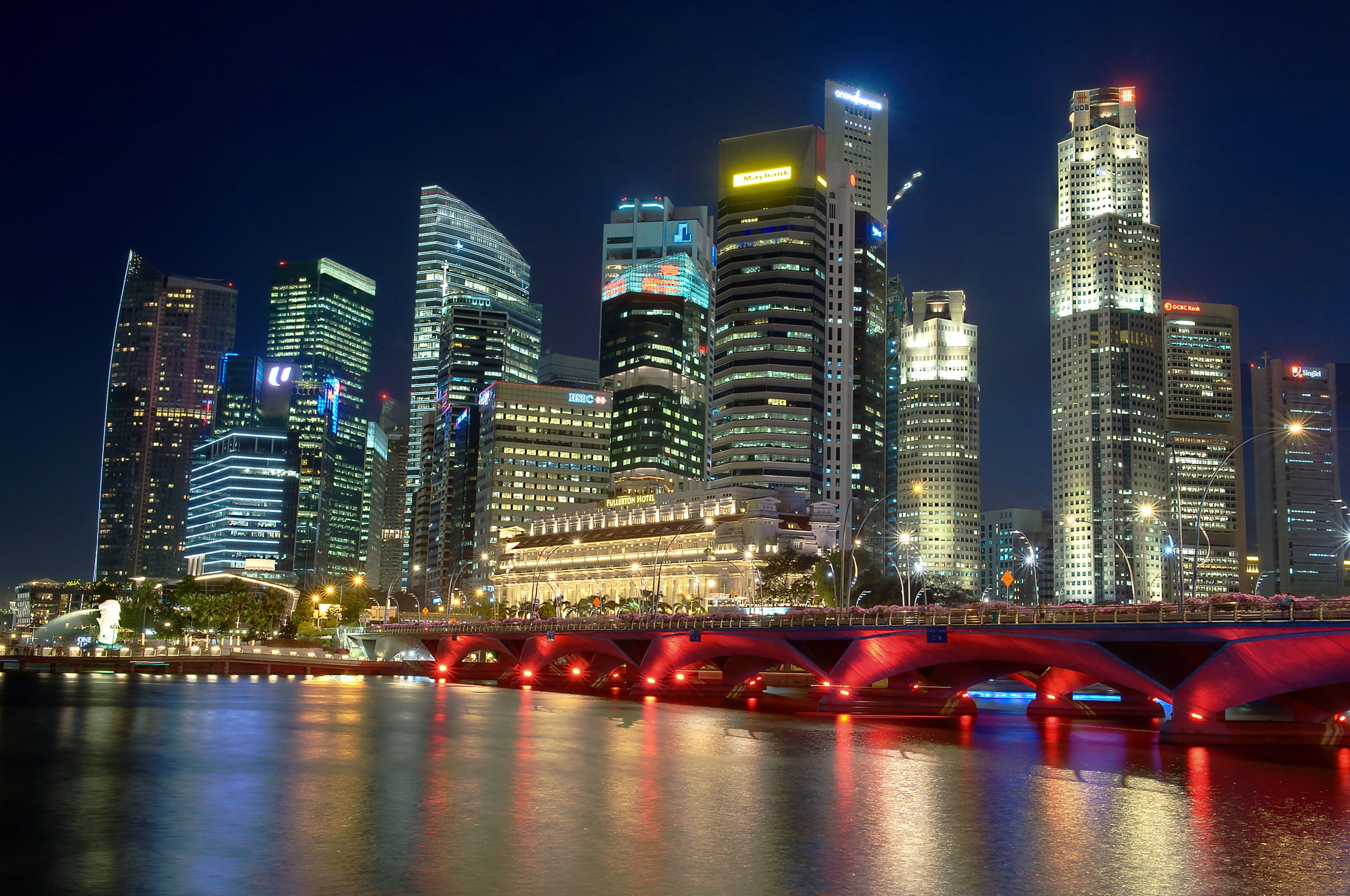 china - East Asia, skyscraper, illuminated, tower, blue, city Life, travel, twilight, nightlife, singapore, tall - high, building, reflection, dusk, modern, HD Wallpaper