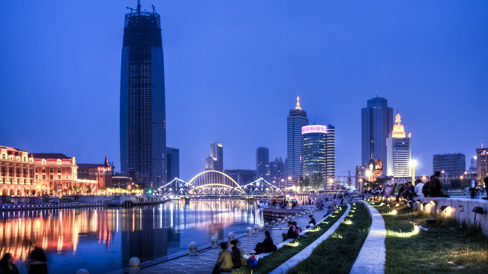 no people, tall - high, illuminated, building Exterior, architecture, waterfront, city Life, connection, river, urban Skyline, quay, sky, 1080P, business, HD Wallpaper