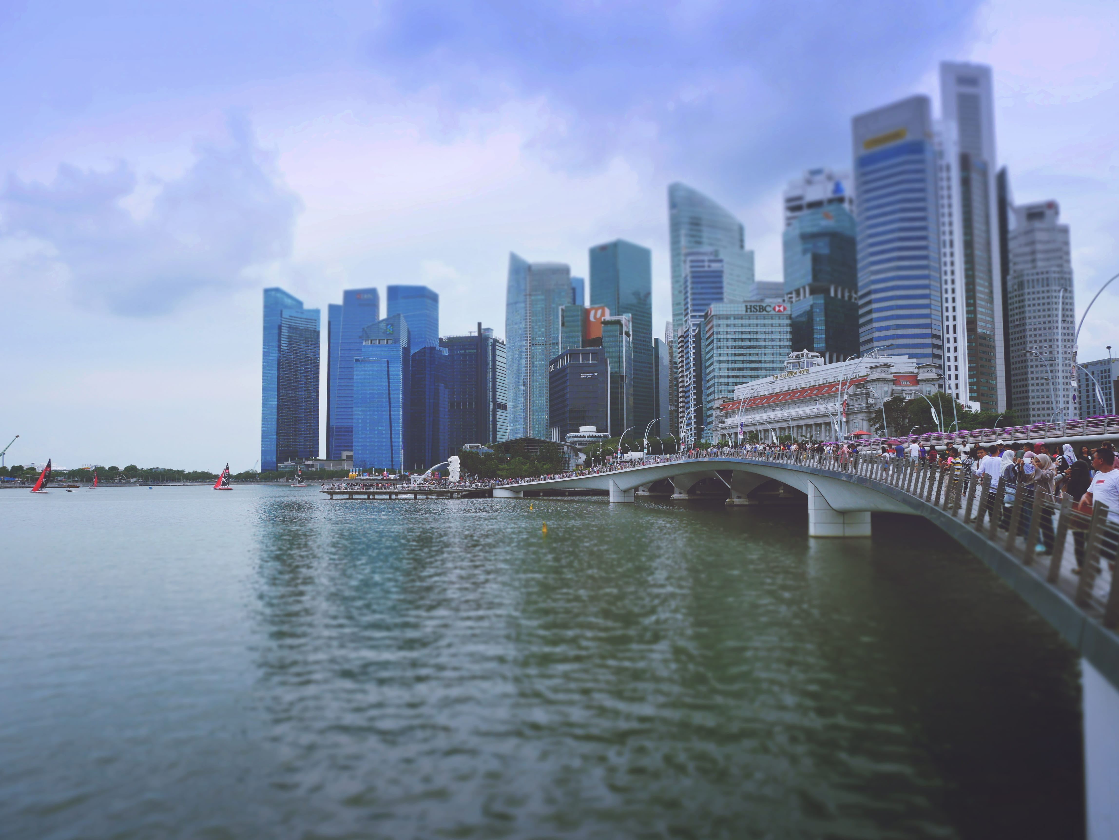 skyscraper, futuristic city, financial district, city bridge, tall - high, cloud - sky, building, singapore skyscrapers, connection, transportation, outdoors, HD Wallpaper