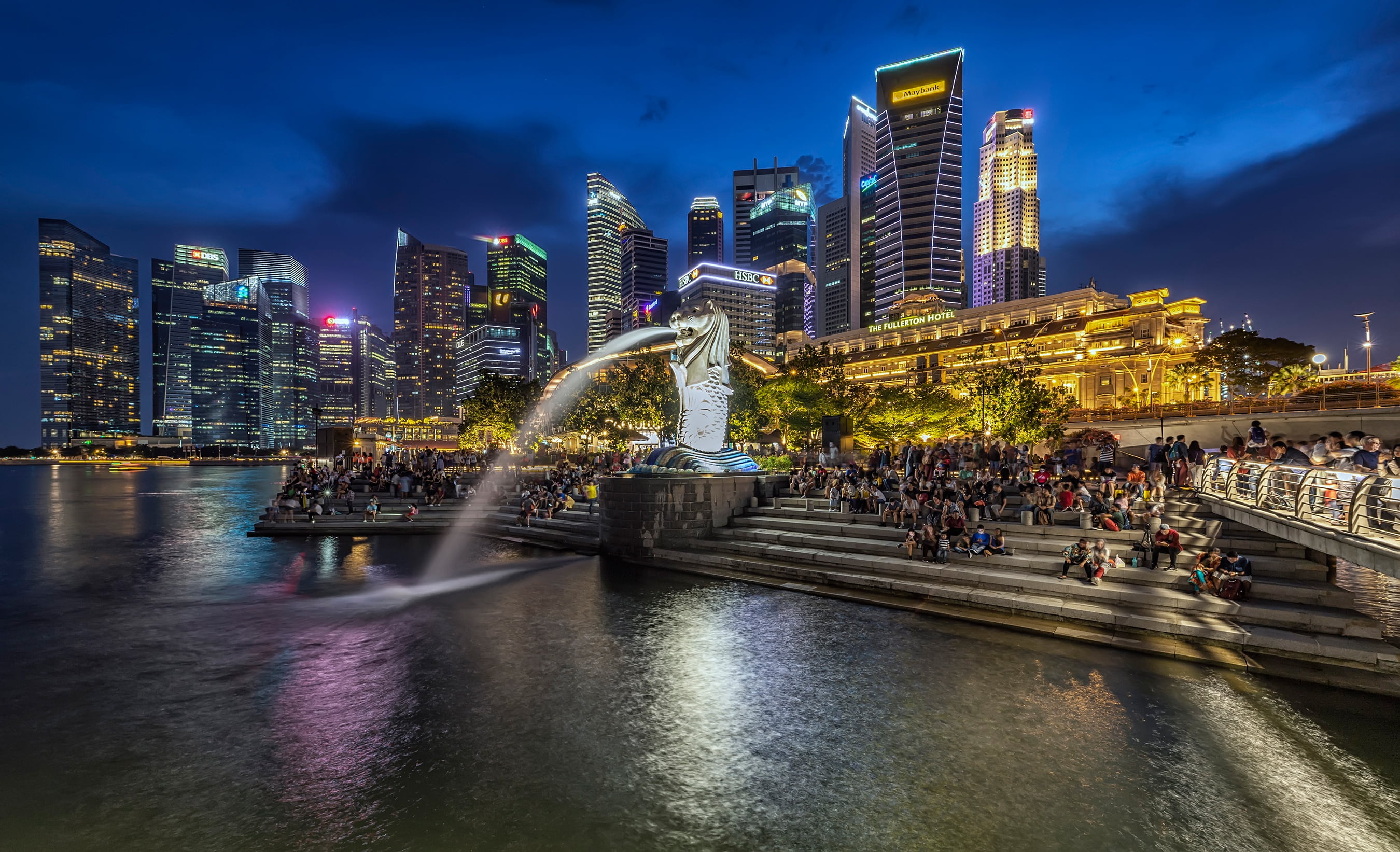 Merlion Park, night, 2K, home, skyscrapers, lights, ladder, building, Singapore, promenade, people, fountain, HD Wallpaper