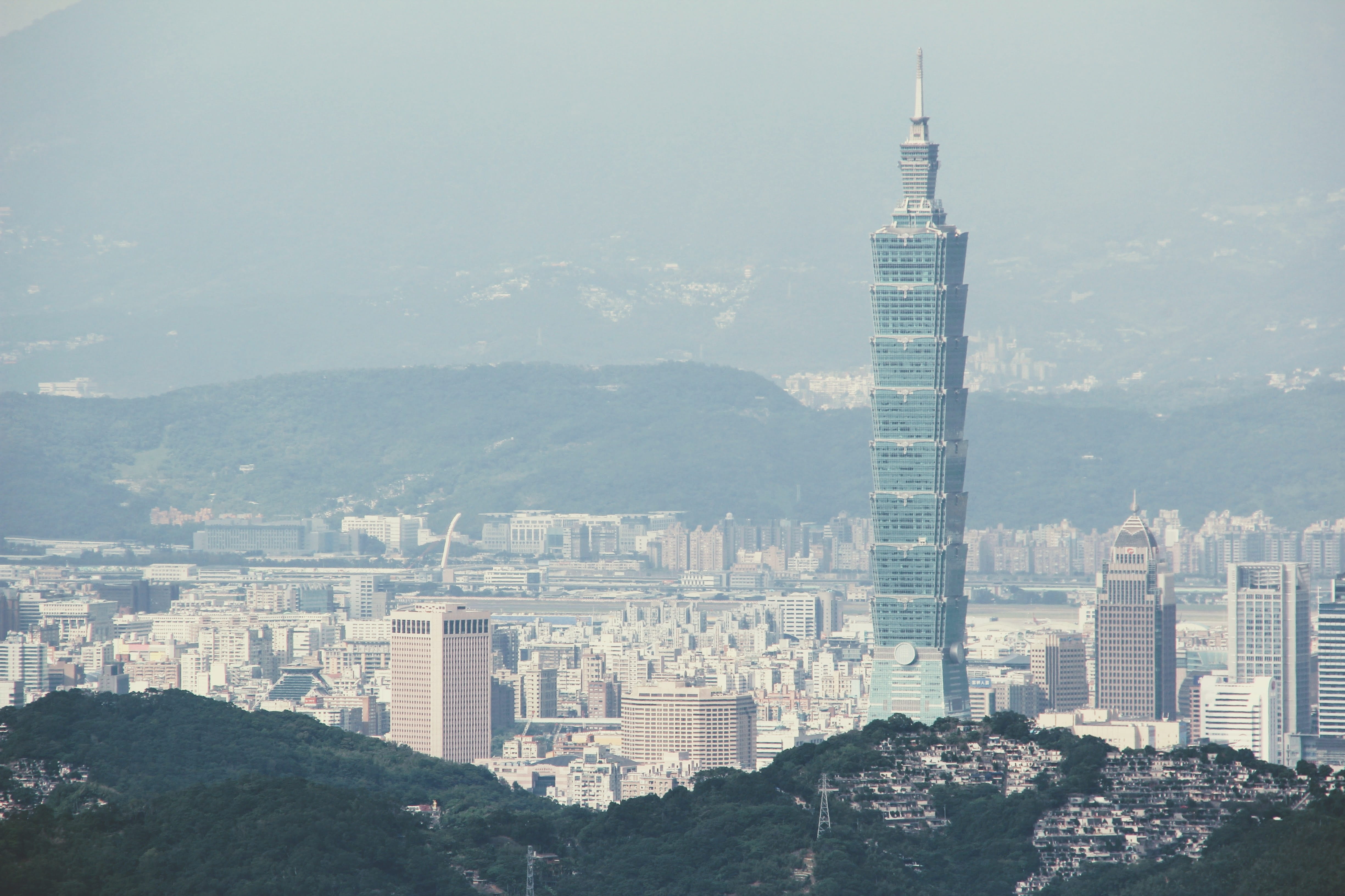 landscape, smog, Taiwan, building exterior, daytime, View, Taipei, 101, built structure, outlook, cityscape, clear, city, modern, concrete, sky, skyscraper, HD Wallpaper