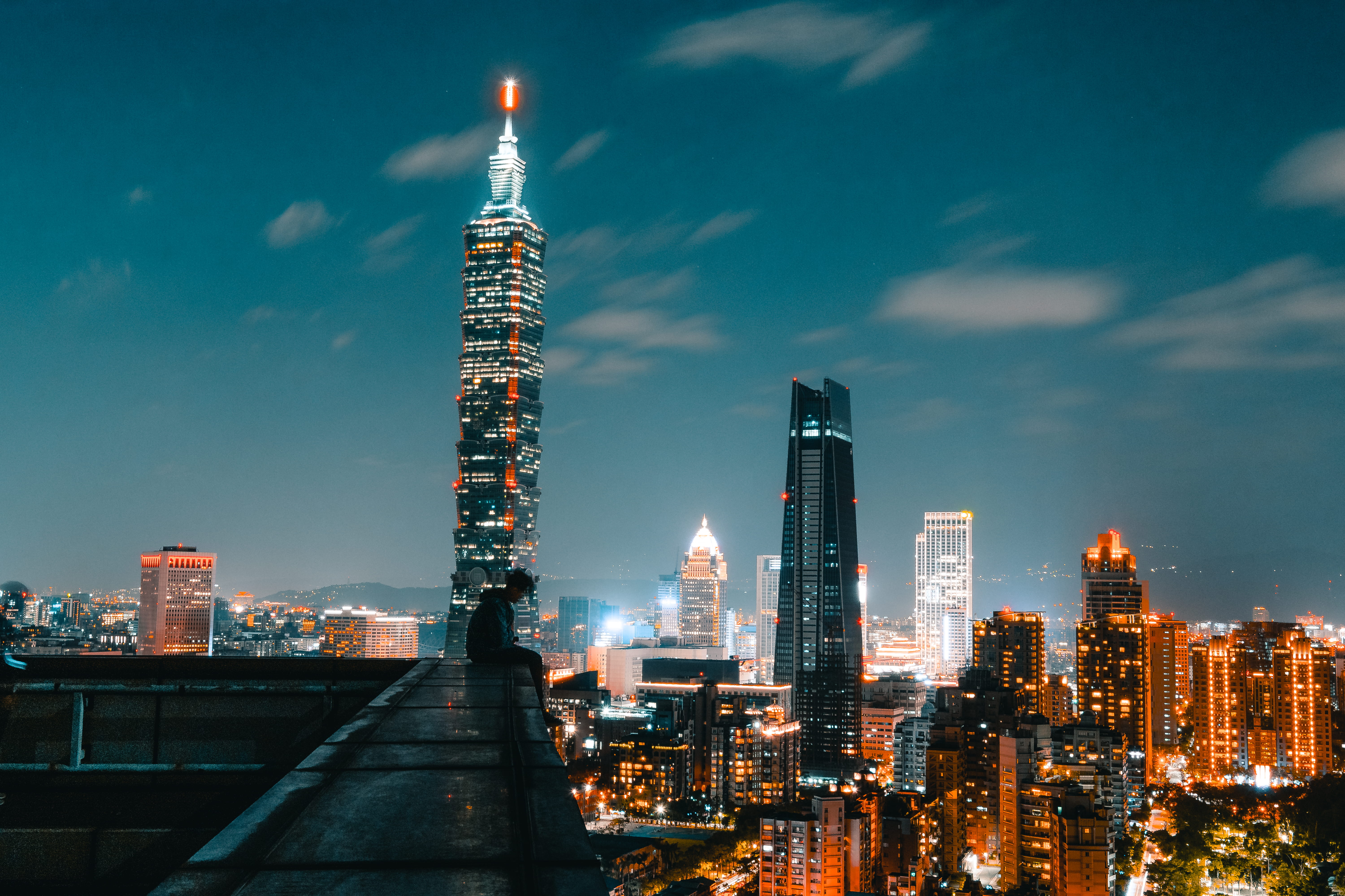 city, portait, spire, illuminated, financial district, night, sky, built structure, contrast, no people, building exterior, taipei, blue, cloud - sky, taipei 101, HD Wallpaper