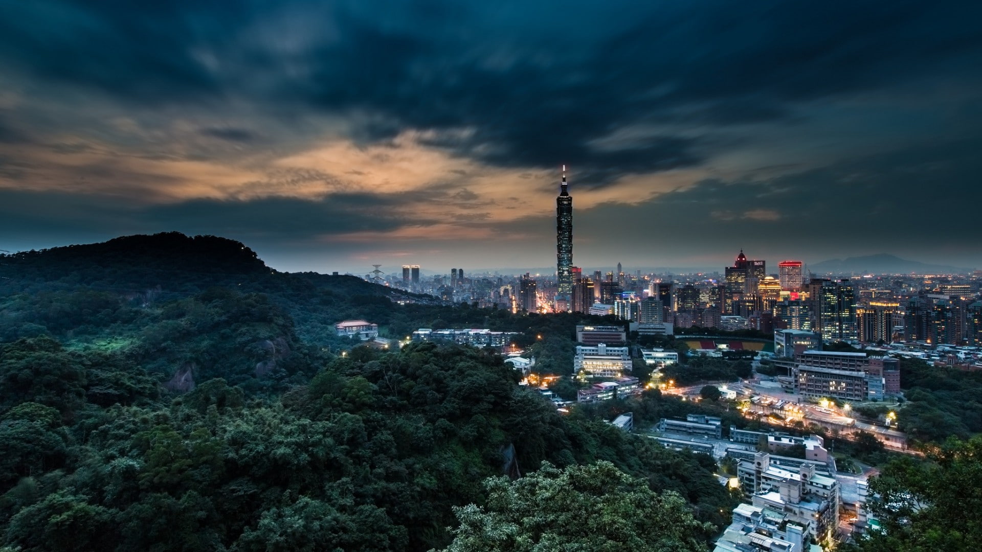 Taipei, sunset, street, Long Exposure, Trees, Evening, 1080P, clouds, building, architecture, Hill, Taipei 101, Taiwan, Lights, Cityscape, Skyscraper, HD Wallpaper