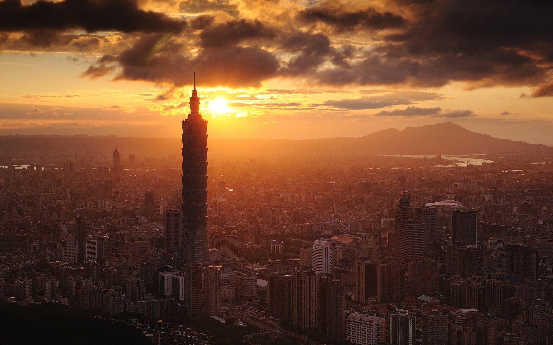 sunset, cities, taiwan, cityscapes, 101, skyscrapers, 1080P, taipei, buildings, clouds, HD Wallpaper