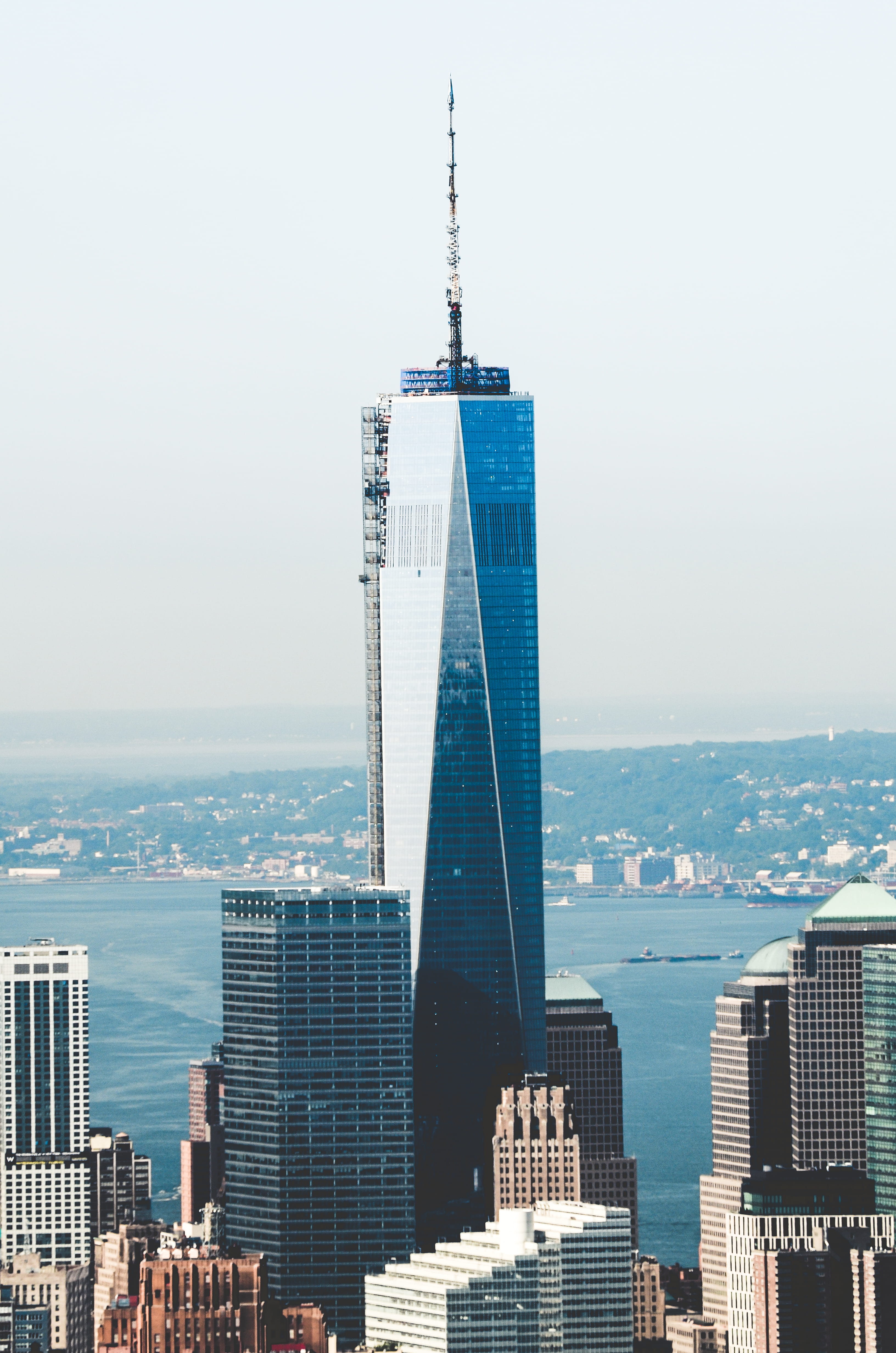 glass, urban skyline, blue, tower, skyscraper, photography, trade, dom tower, no people, travel destinations, water, city, united state, sky, curtain, financial district, Phone HD Wallpaper