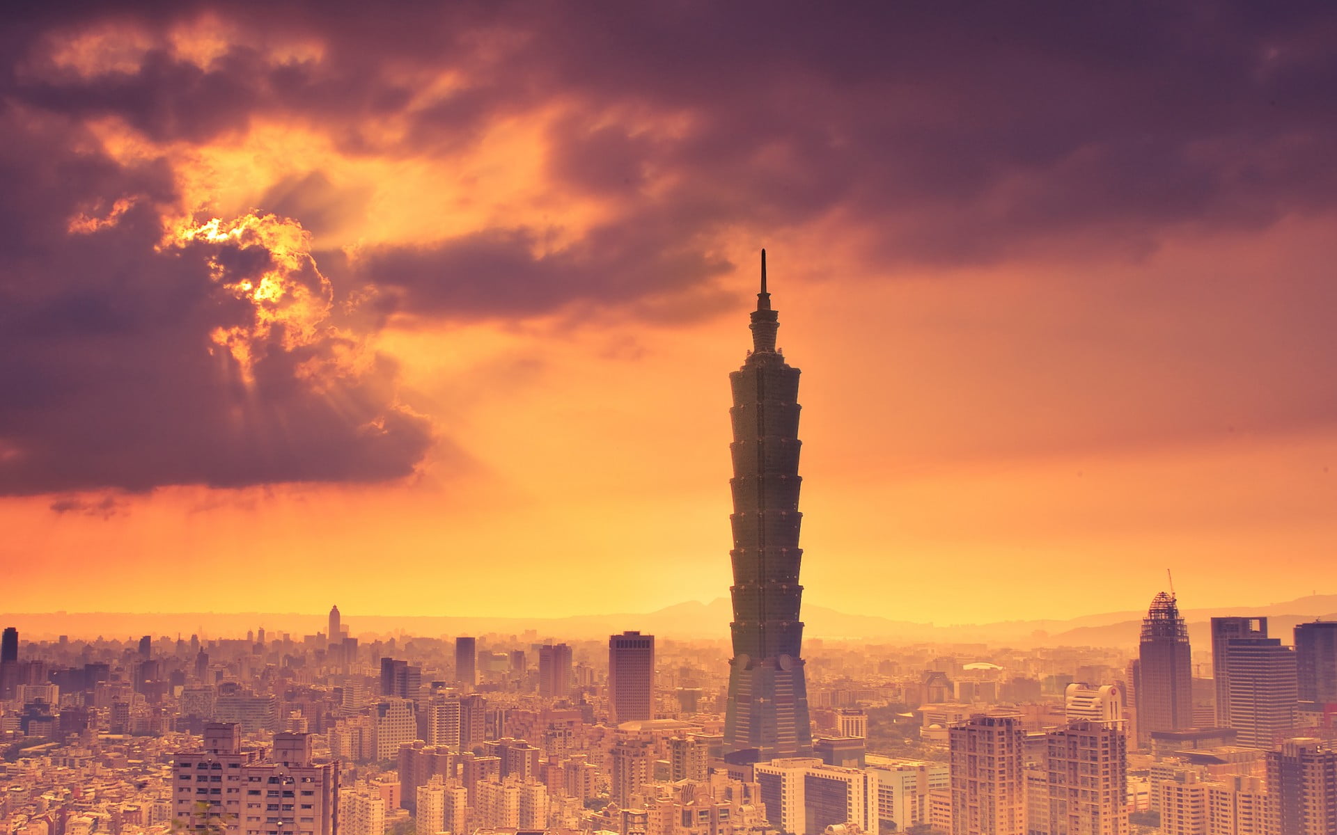 cityscape, taiwan, landscape, touching, office building exterior, tall - high, cloud - sky, hour, modern, skyscraper, taipei, golden, spire, Cityscapes, HD Wallpaper
