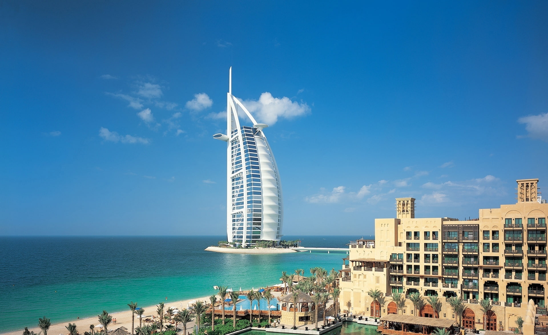 1080P, Building, United Arab Emirates, Palm Tree, Buildings, Beach, Dubai, Burj Al Arab, Sea, Sky, HD Wallpaper