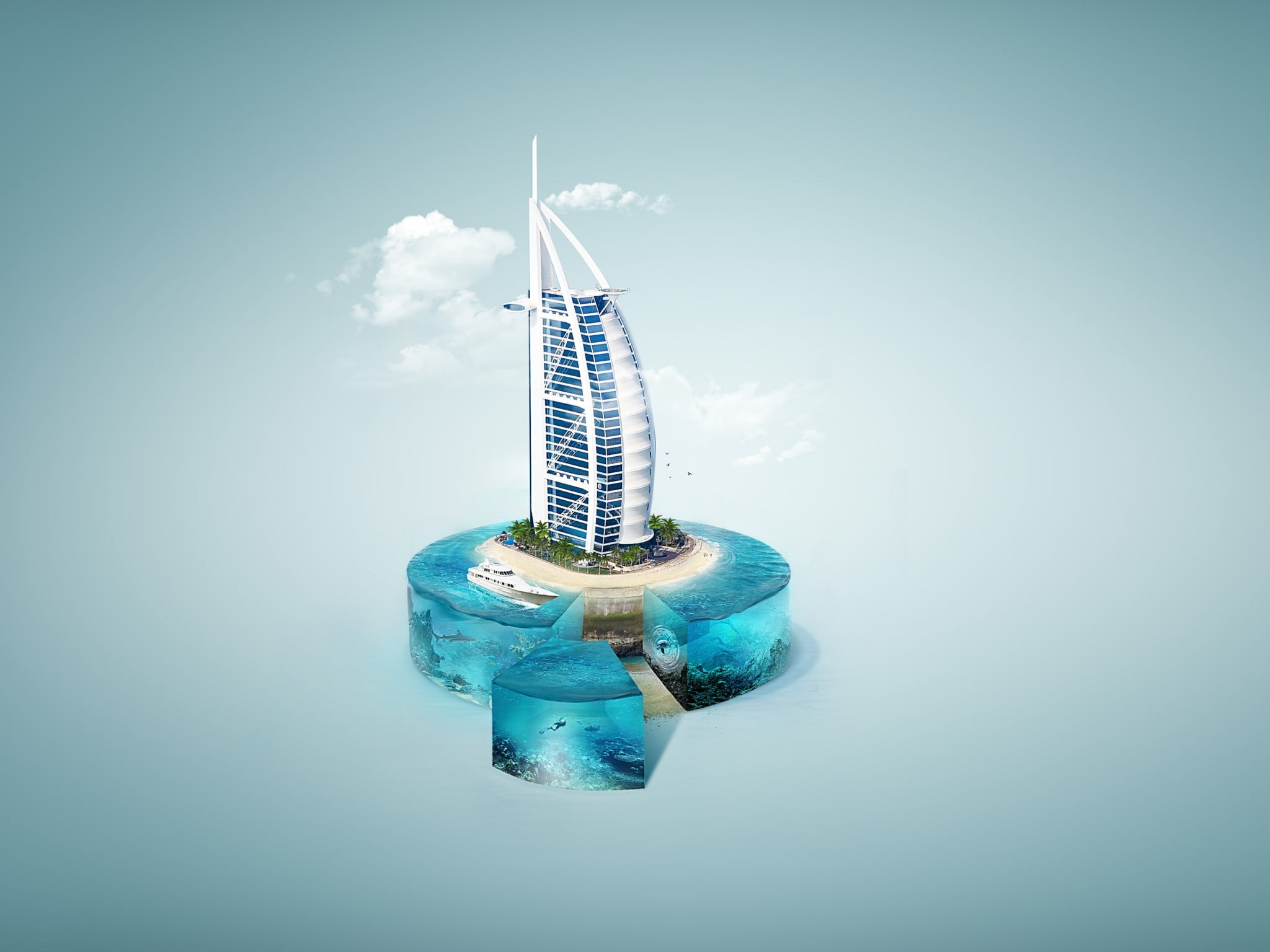 holding, built structure, burj al arab, creative, nature, studio shot, fantasy, water, architecture, 1080P, cloud - sky, skyscraper, office building exterior, HD Wallpaper